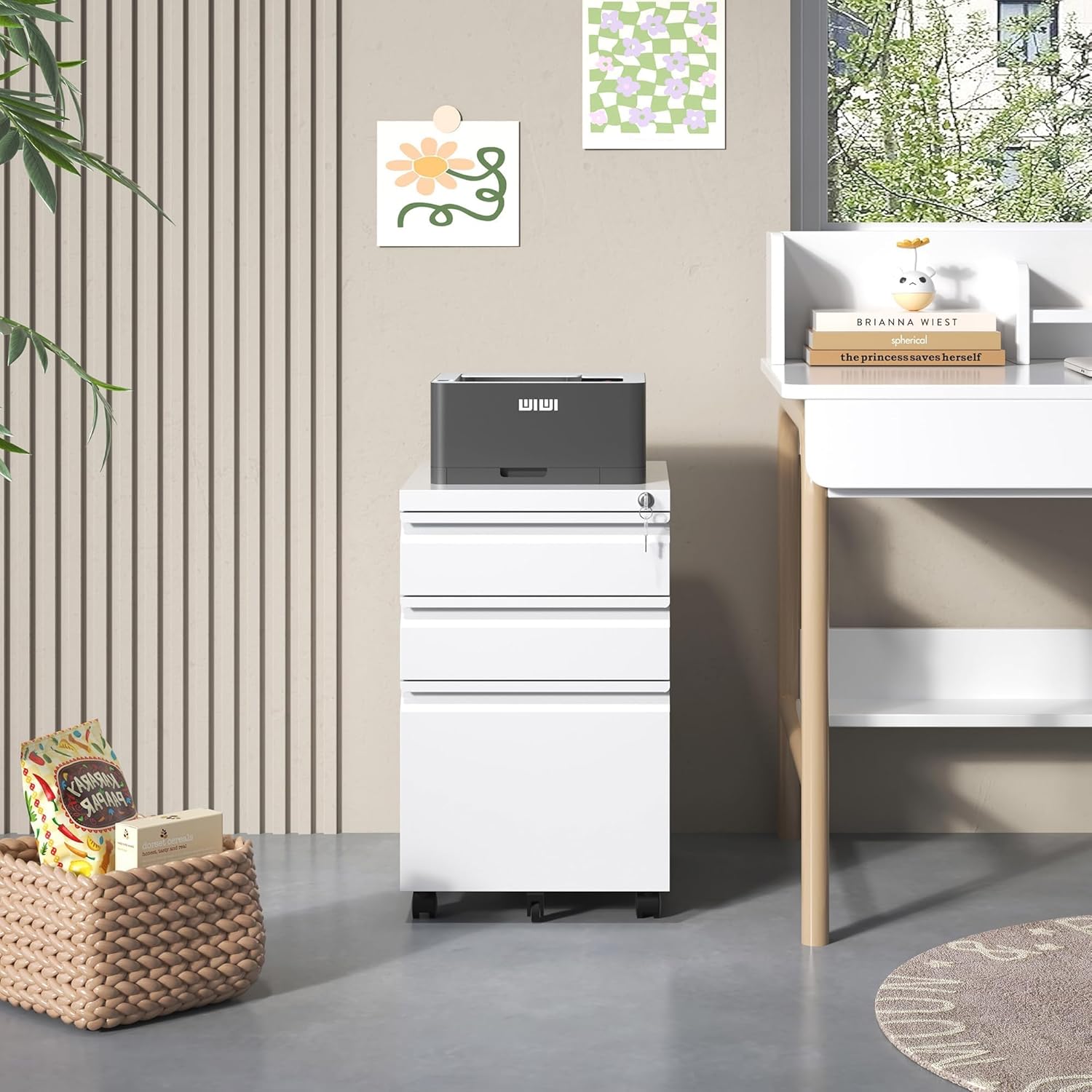 Yukimo Archivador móvil de 3 cajones, archivador para oficina en casa para cartas, tamaño legal, totalmente montado debajo del escritorio, color