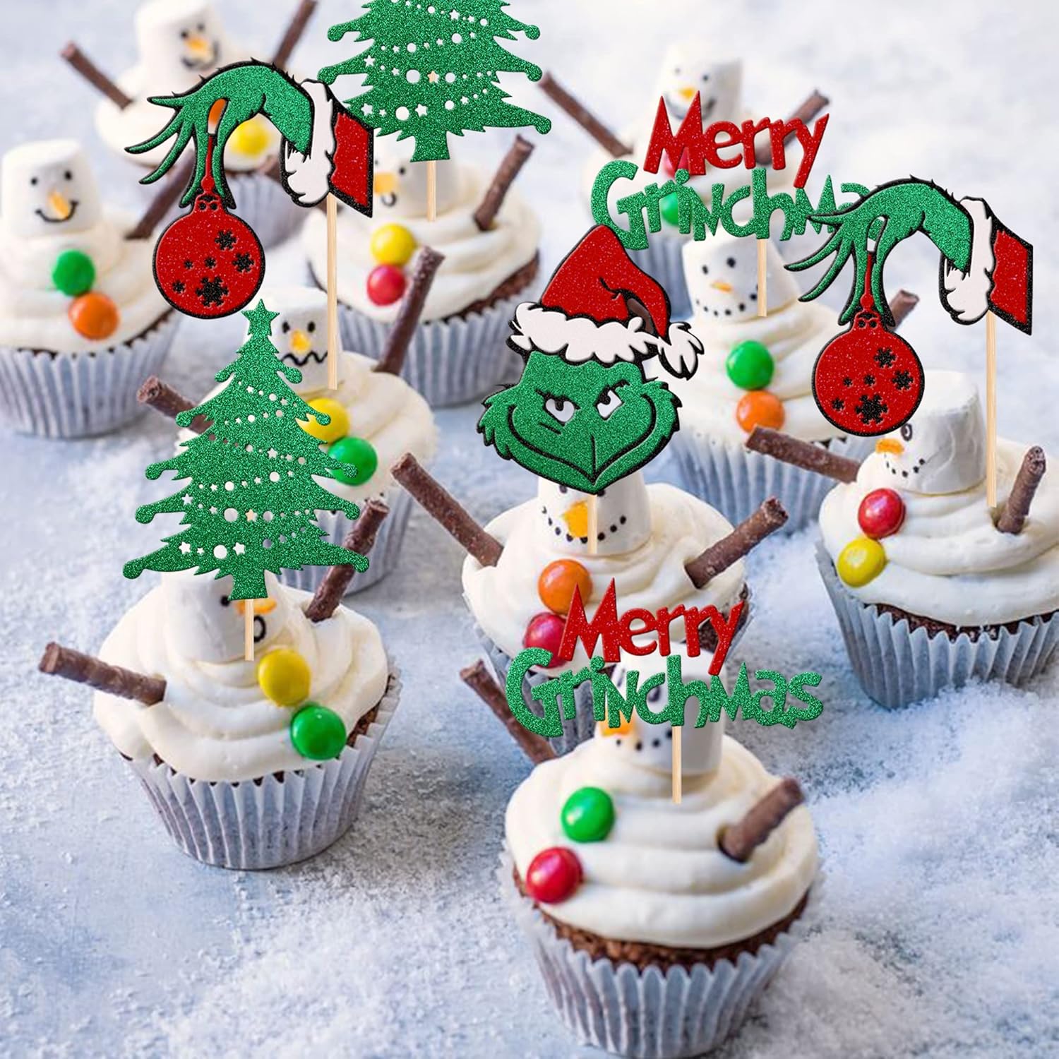 24 piezas de decoración para cupcakes con temática de Grinchmas Grinch rojo y verde con purpurina para árbol de Navidad para árbol de Navidad con