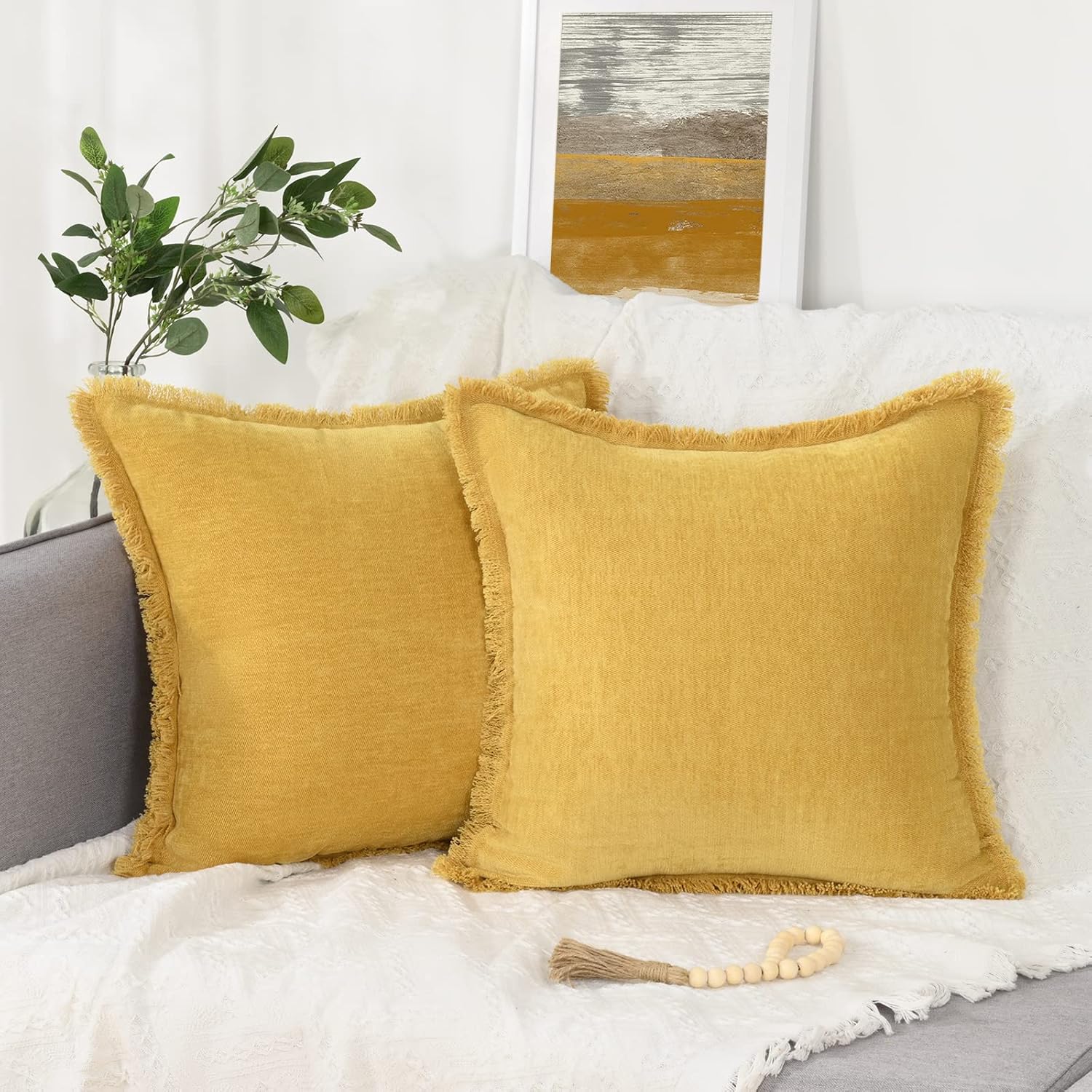 Juego de 2 fundas de almohada amarillas cuadradas de 16 x 16 pulgadas, fundas de almohada rústicas suaves y rústicas de teñido sólido con borlas,