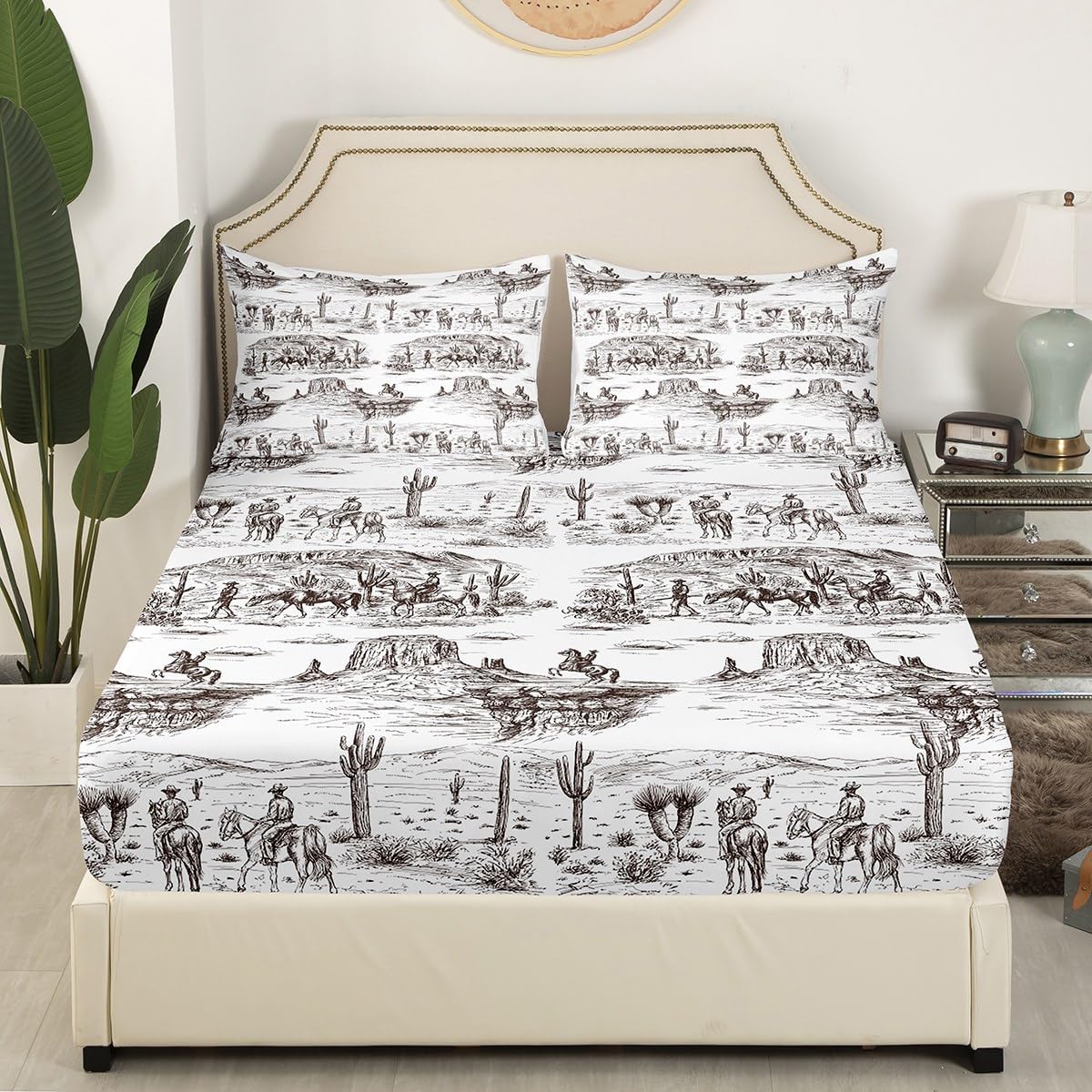 Southwest Cowboy – Juego de sábanas tamaño King, juego de ropa de cama del desierto occidental, 4 piezas, color negro y blanco, para niños, hombres,