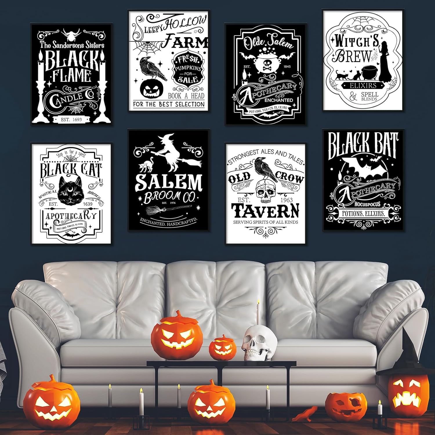 AnyDesign – 9 piezas de arte de pared de bruja de Halloween, diseño de esqueleto de gato blanco y negro, diseño de arte de palabra, decoración de