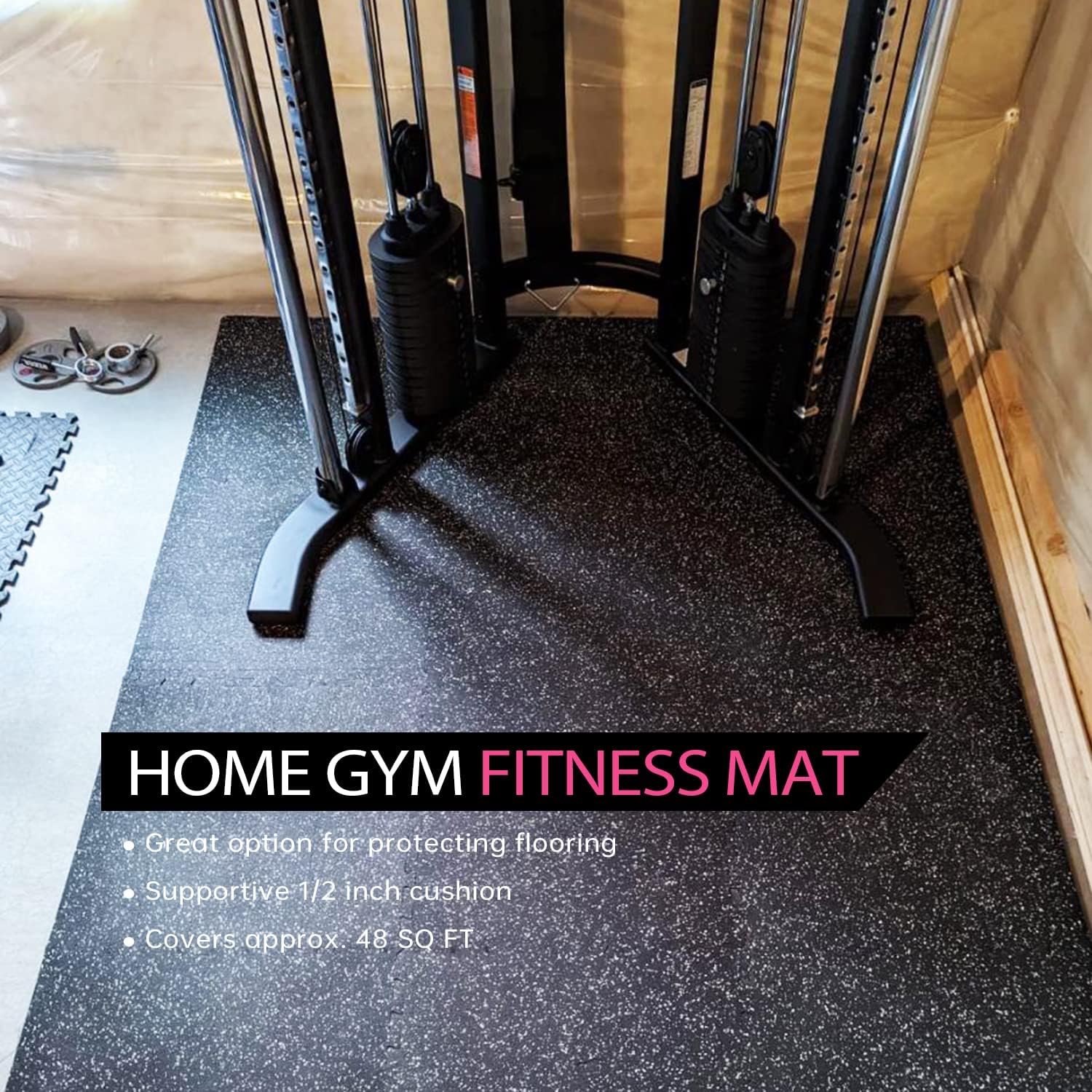 Suelo de gimnasio de 0.56 pulgadas de grosor para gimnasio en casa con parte superior de goma, azulejos de gimnasio entrelazados de 48 pies