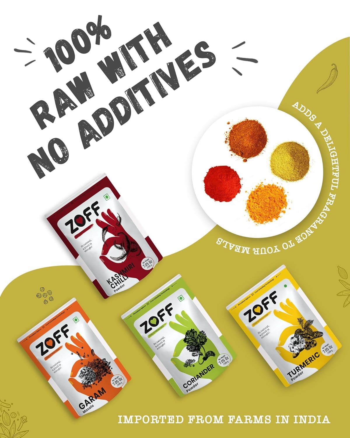 ZOFF Spices Combo Pack de 4  Especias en polvo tradicionales indias con chile en polvo de Cachemira, Garam Masala, polvo de cilantro, cúrcuma en