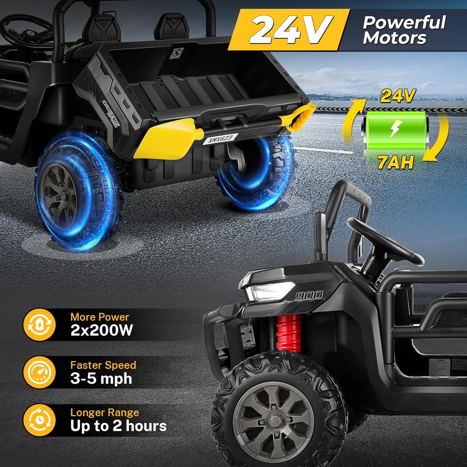 Hikole Juguetes de paseo de 24 V para niños grandes con cama eléctrica y control remoto, UTV para niños de 2 plazas con potente motor de 2 x 200 W,