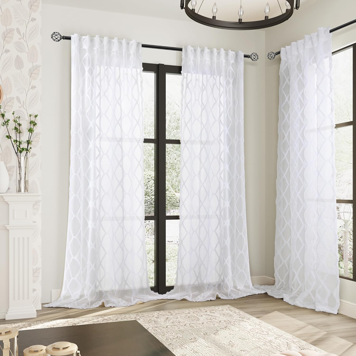 2 paneles de cortinas traslúcidas blancas de 84 pulgadas de largo para sala de estar, pestañas traseras, cortinas traslúcidas texturizadas con