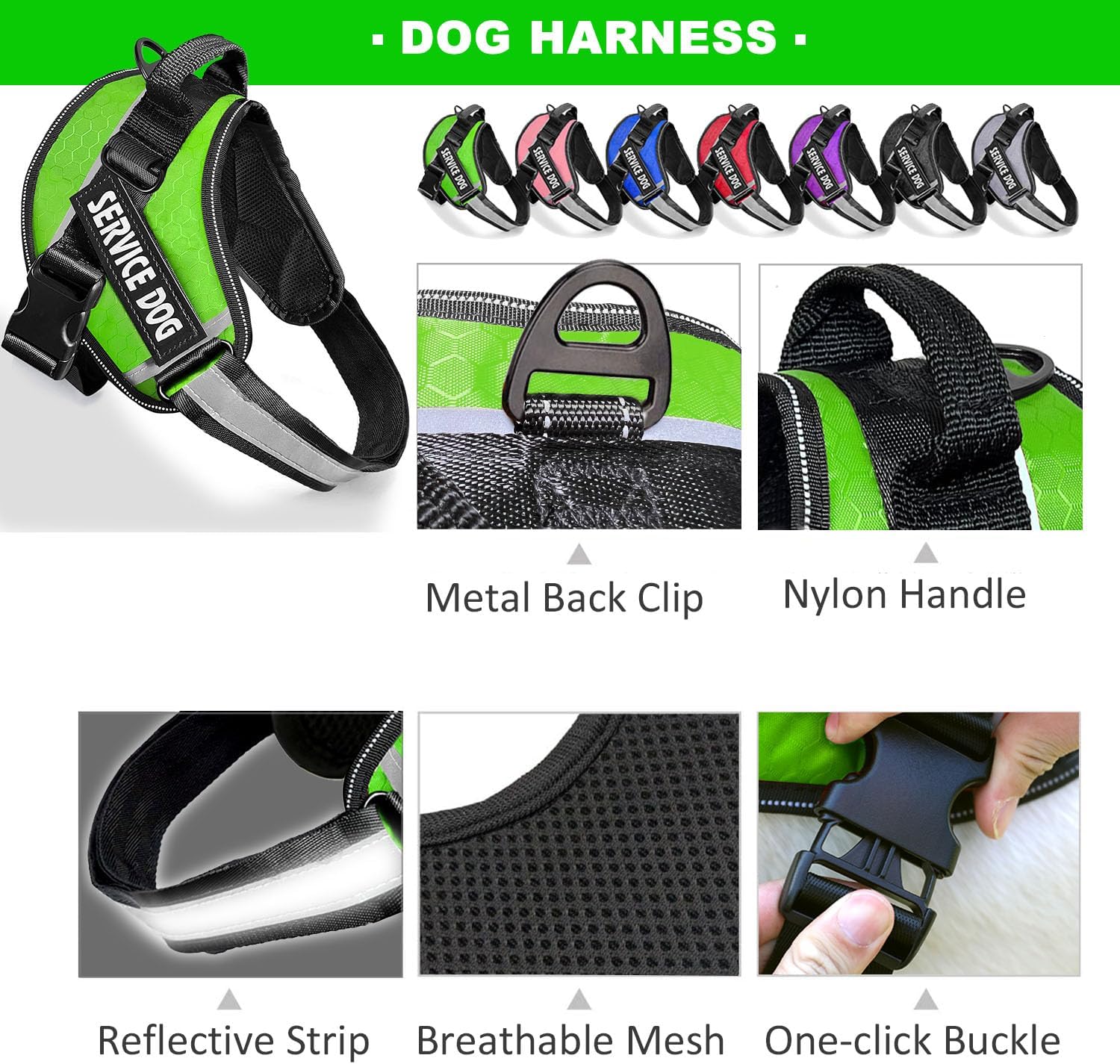 Chaleco de servicio para perro, 9 parches para perros, arnés y correa para perro con asa, arnés de chaleco para mascotas fácil de poner y quitar con