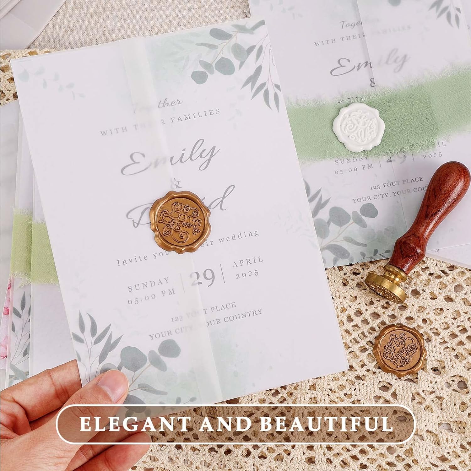 Paquete de 32 chaquetas de vellum preplegadas para invitaciones de 5 x 7, invitaciones de papel vitela Ayfjovs de 5 x 7, papel de invitación de boda