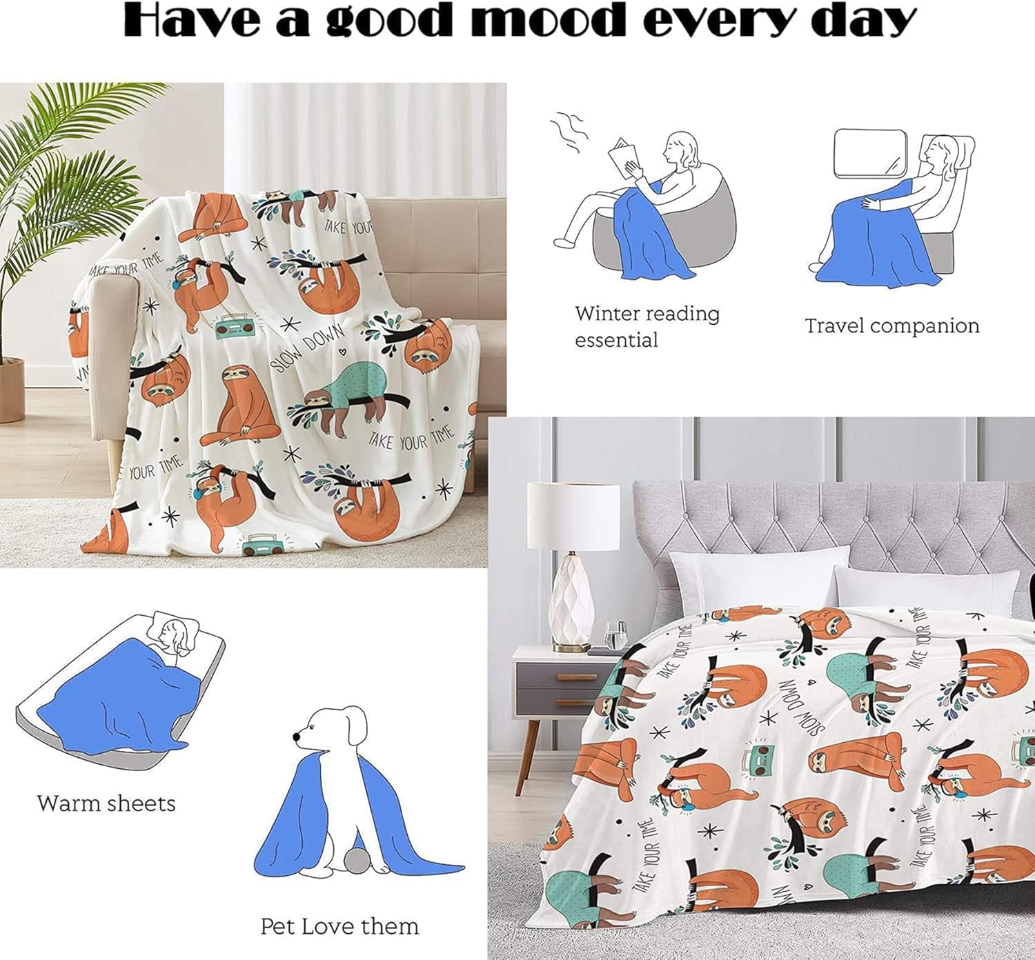 Bonita manta de perezoso, manta estampada ultrasuave y cómoda de franela de forro polar suave para cama y sofá, 50 x 40 pulgadas (perezoso, 50 x 40