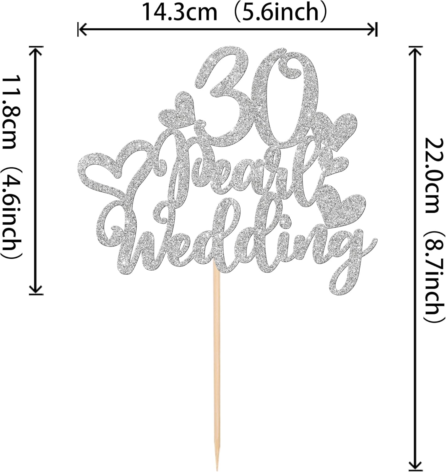 25 piezas de adornos para cupcakes de 30 aniversario con 30 perlas para pastel de boda, corazón con purpurina, 30 aniversario de boda, decoración de