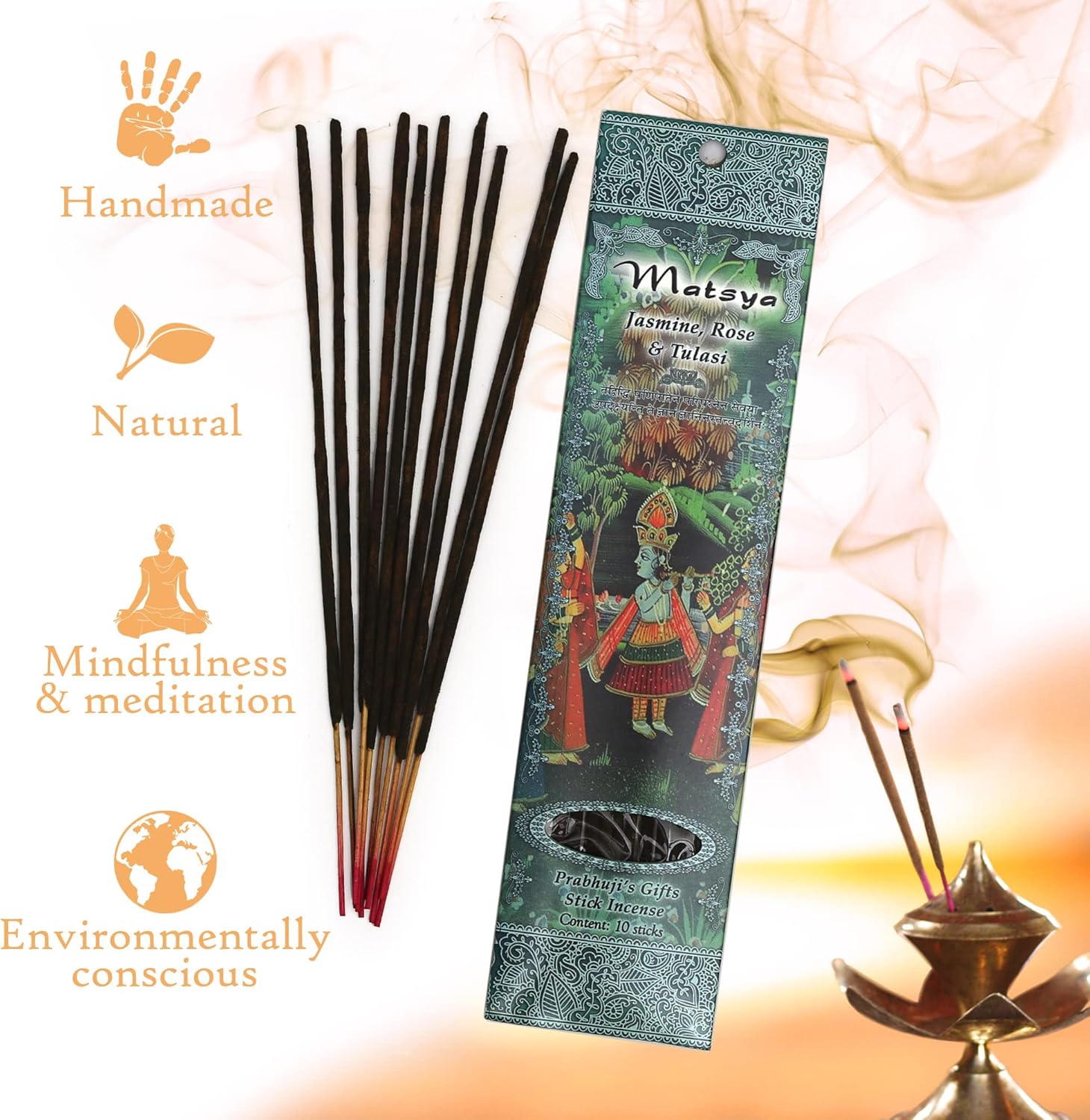 Prabhuji’s Gifts Matsya – Varitas de incienso espiritual enrolladas a mano de la India, palitos aromáticos, para meditación, yoga, relajación e