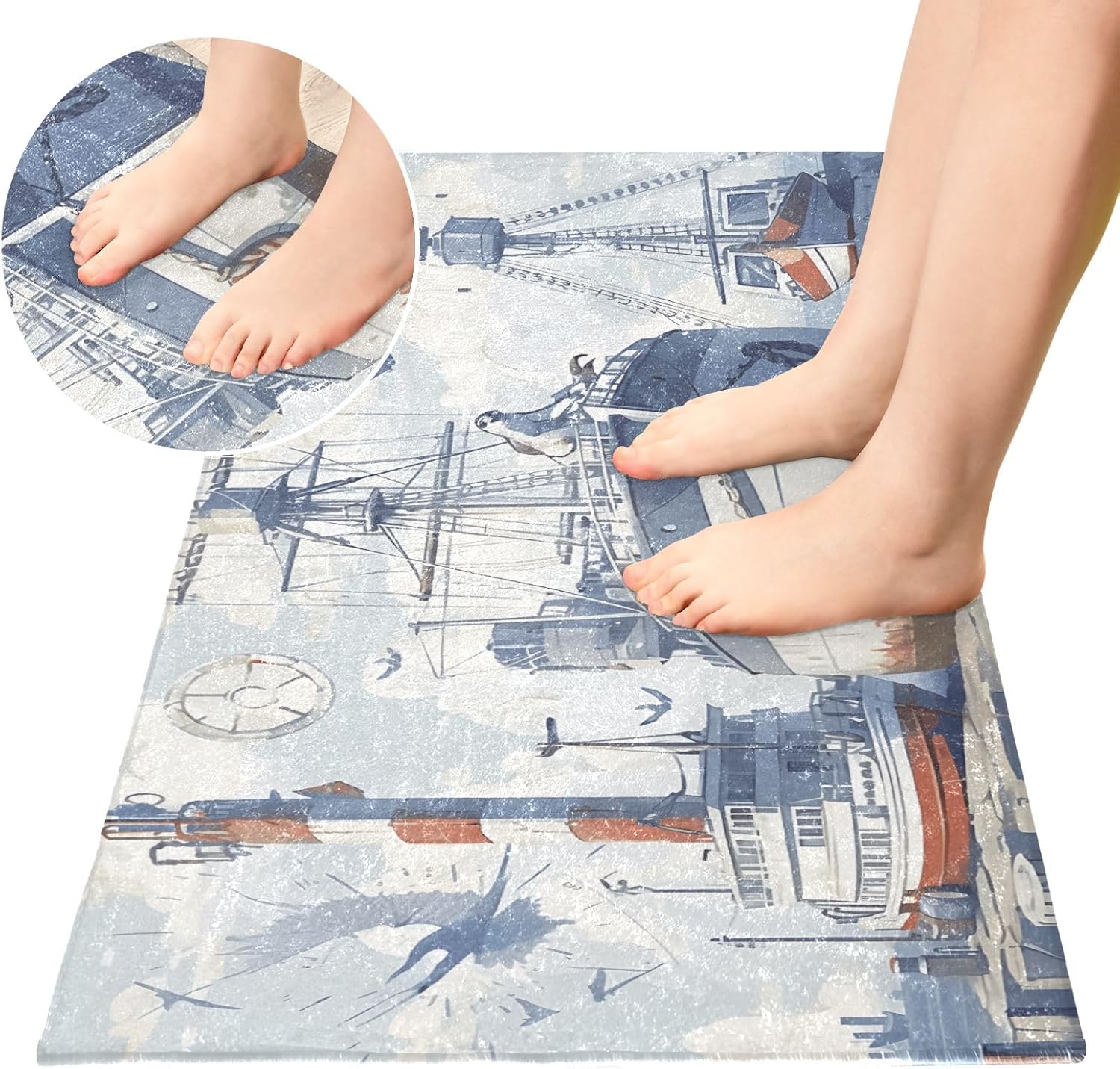 Joisal Alfombras náuticas retro de baño azul y blanco para suelo de baño, lavable a máquina, antideslizante, alfombra de baño con parte trasera de