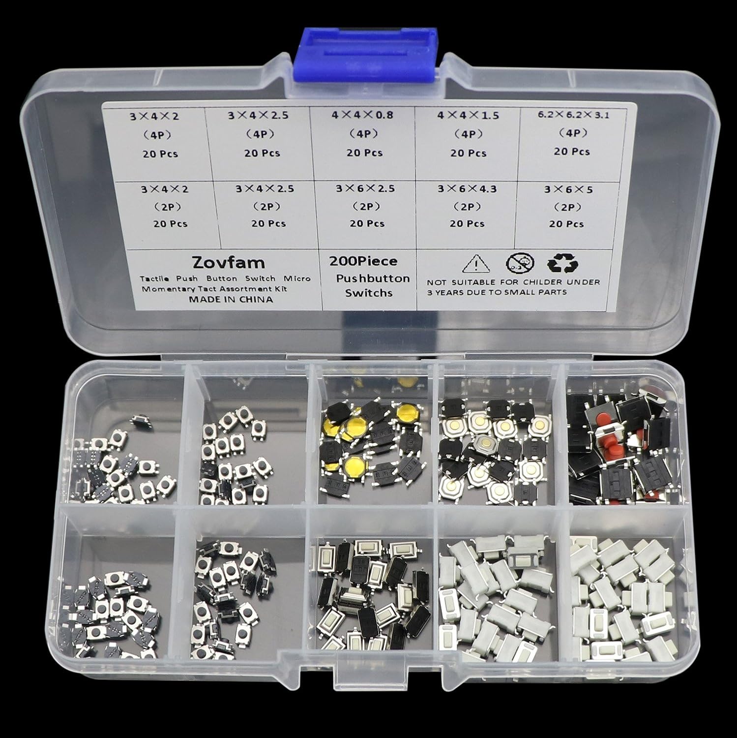 Juego surtido de 200 piezas de 10 botones táctiles de valor micro momentáneo