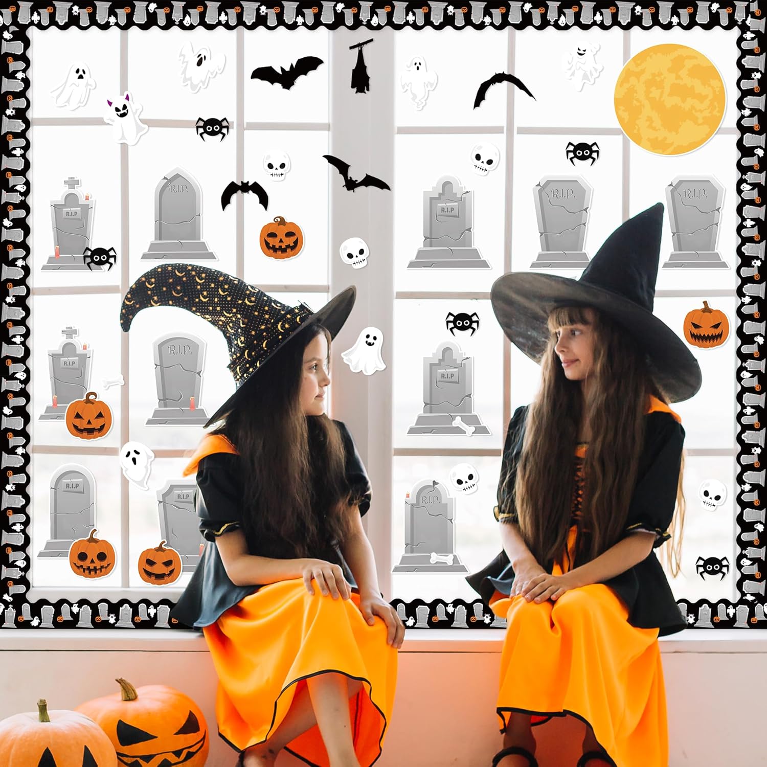CPicdn Juego de 132 piezas de decoración de tablón de anuncios de negatividad de Halloween, fantasma, calabaza, araña, murciélago, lápidas, borde,