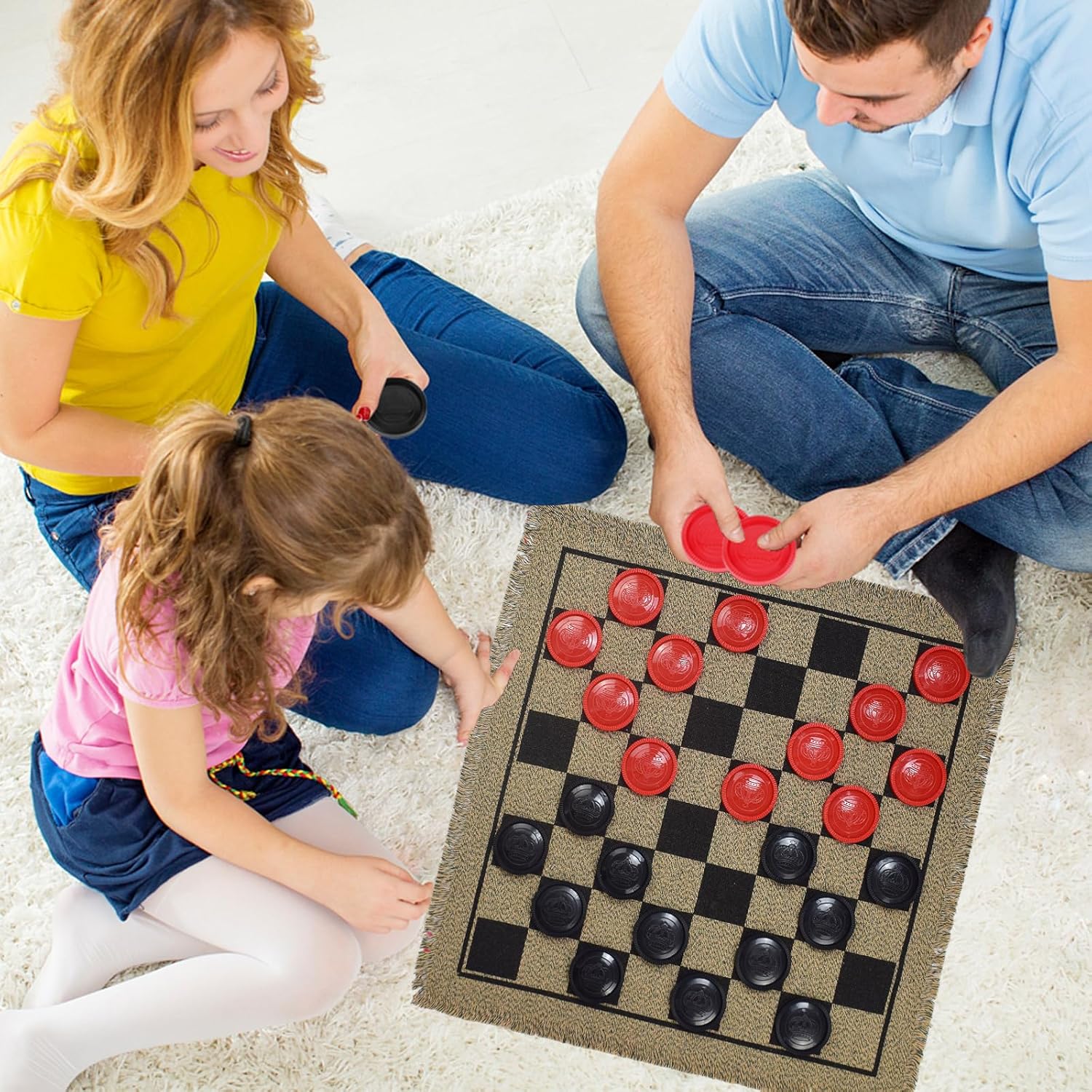 Juego de damas gigantes  Tablero de juego de Tic Tac Toe 3 en 1 para adultos y niños con 24 piezas a cuadros alfombra reversible  Juegos para