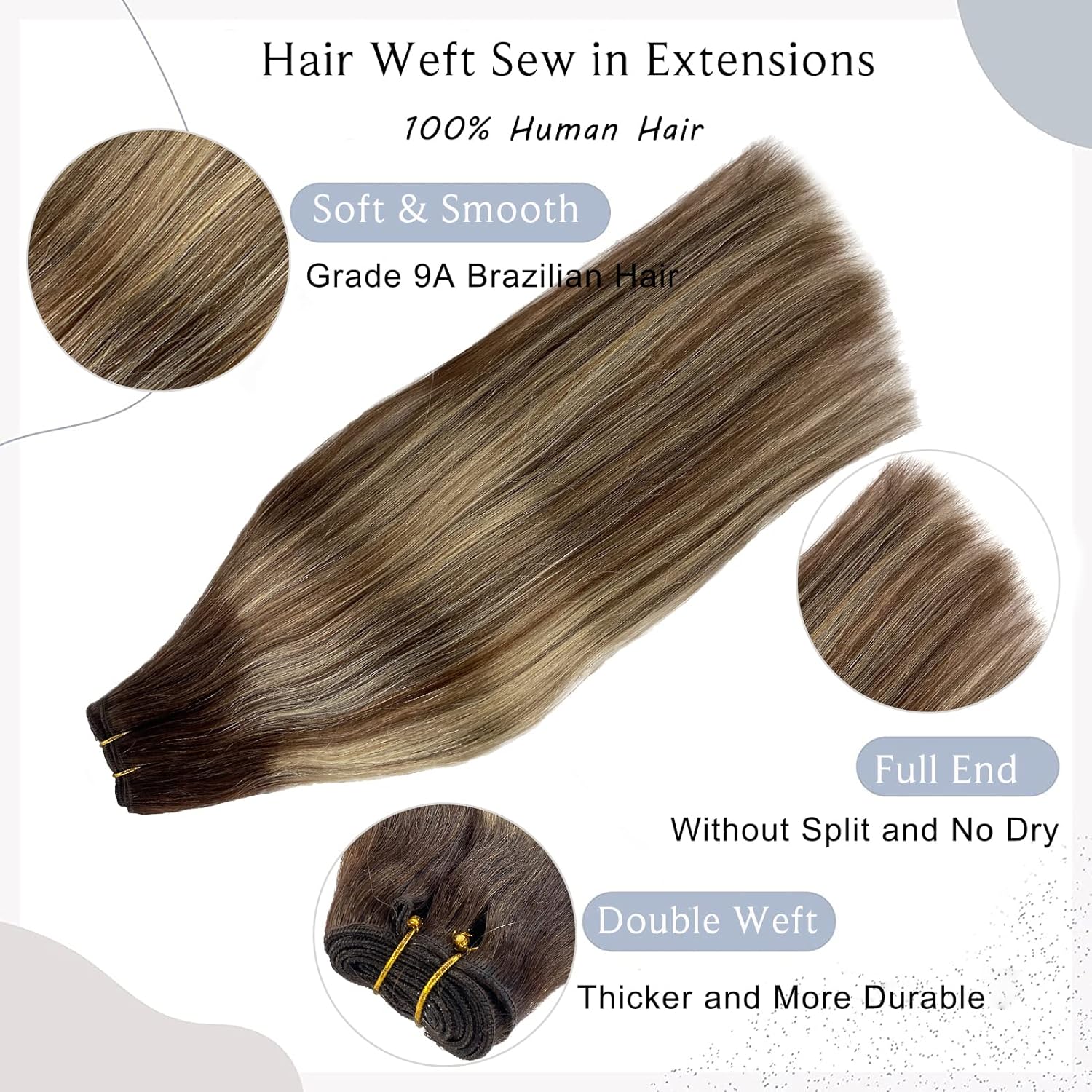 Extensiones de cabello humano real para coser, 20 pulgadas, extensiones de cabello humano de trama, 3.53 onzas, color marrón degradado, balayage,