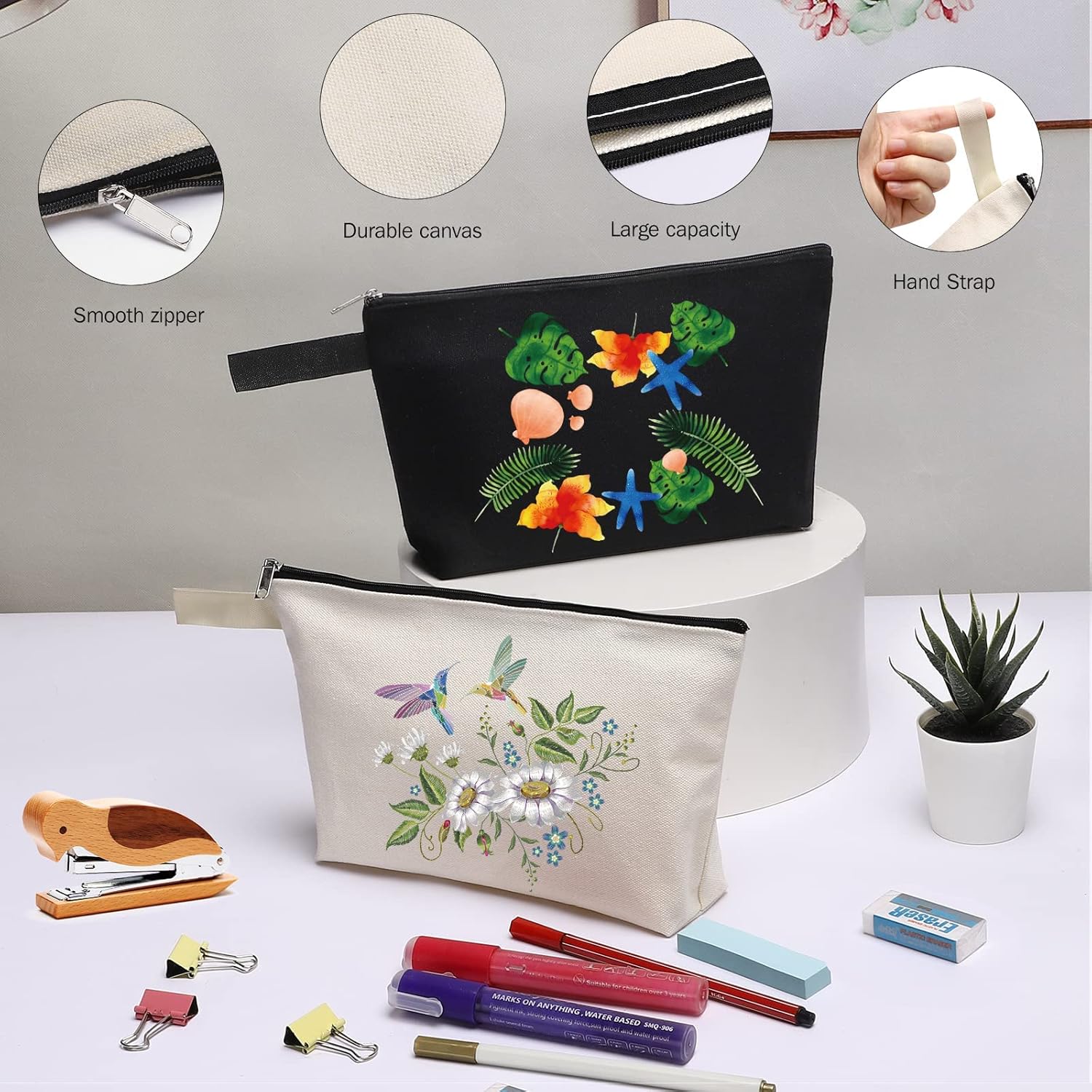 10 bolsas de maquillaje de lona de algodón con parte inferior y correa, bolsa de cosméticos multiusos con cremallera, bolsa de aseo de viaje, bolsa