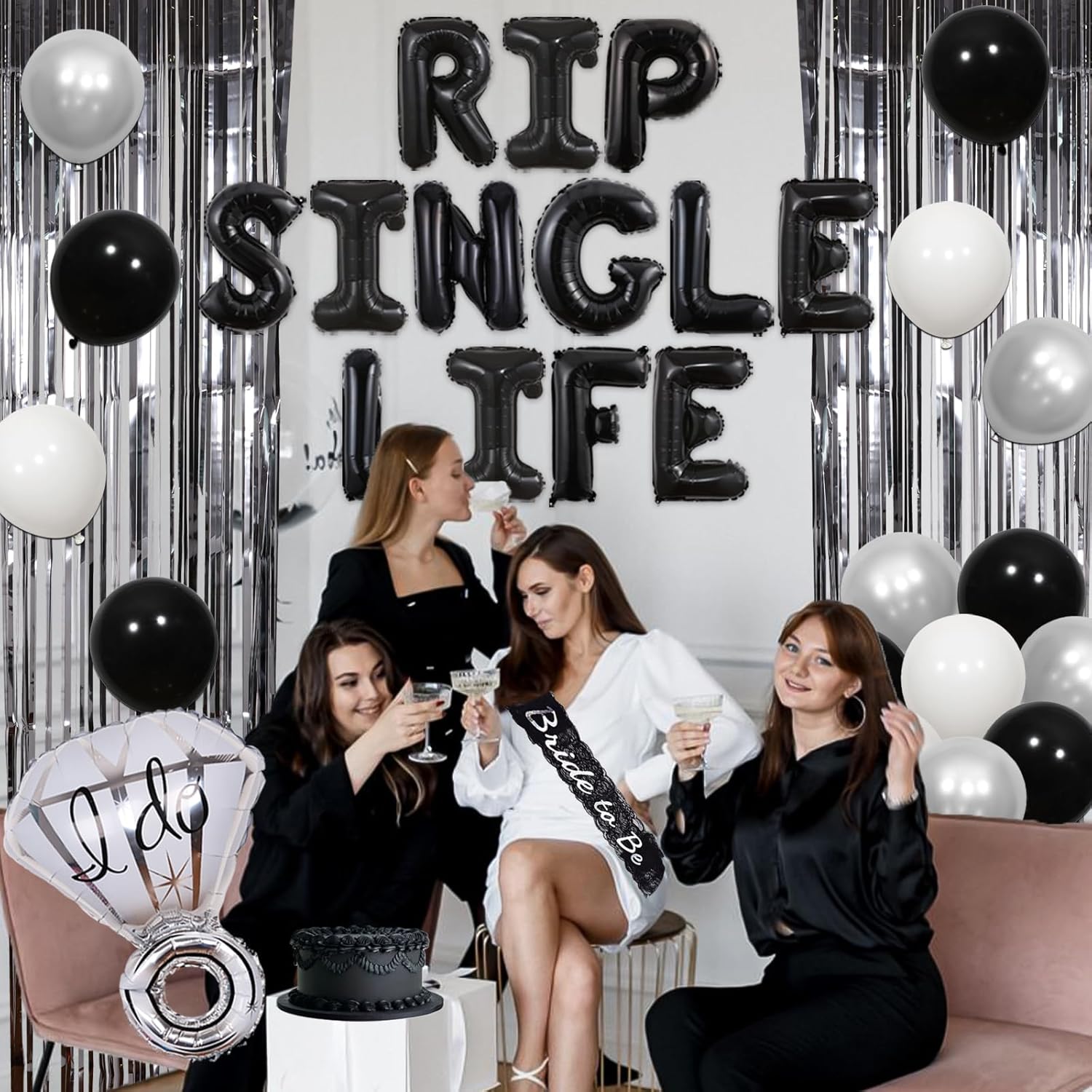 Rip Single Life – Decoración de despedida de soltera, decoración gótica de despedida de soltera, pancarta de globo blanco y negro con flecos,