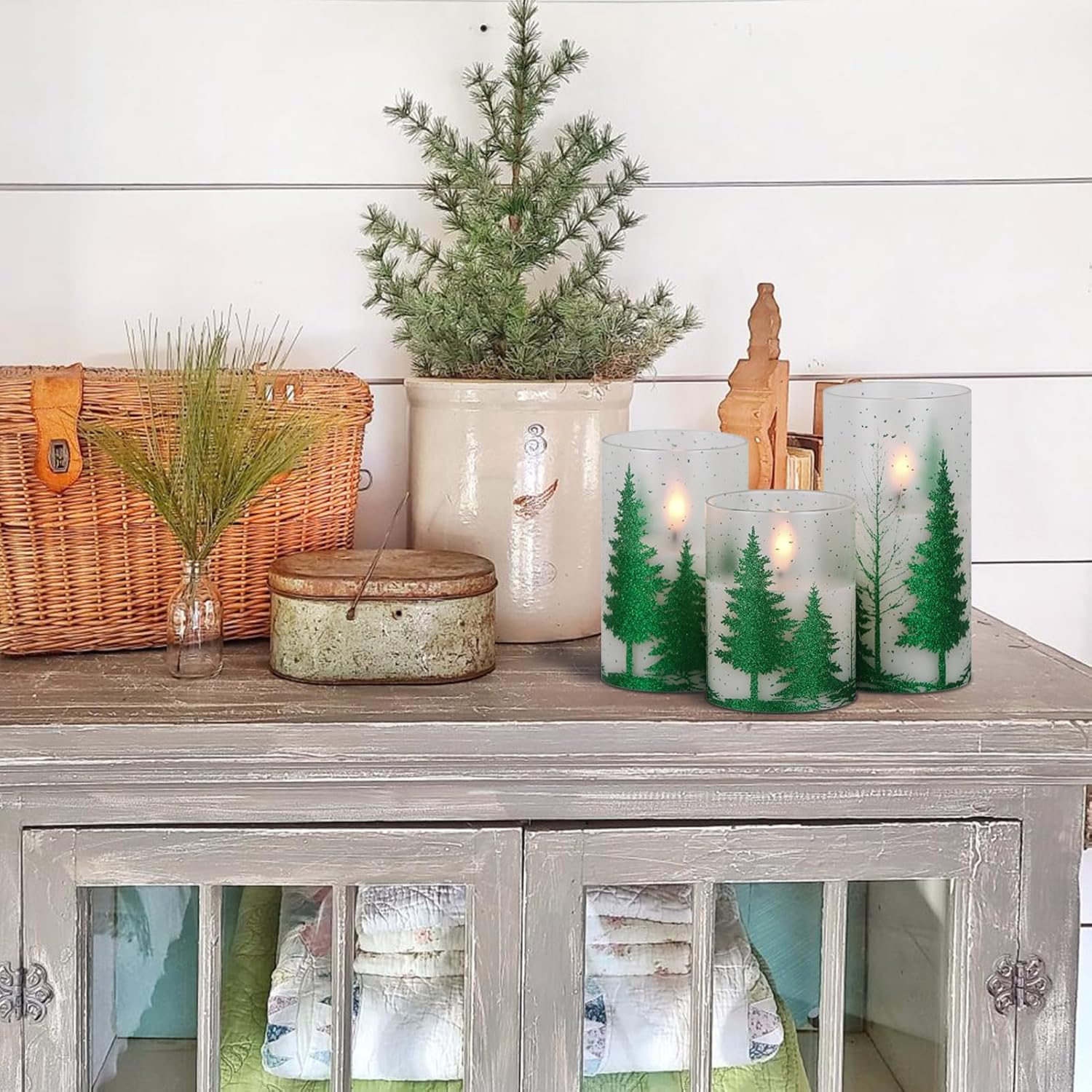 DRomance Velas de cristal sin llama de árbol de Navidad con temporizador remoto, funciona con pilas, cera real, mecha 3D, luces LED parpadeantes,