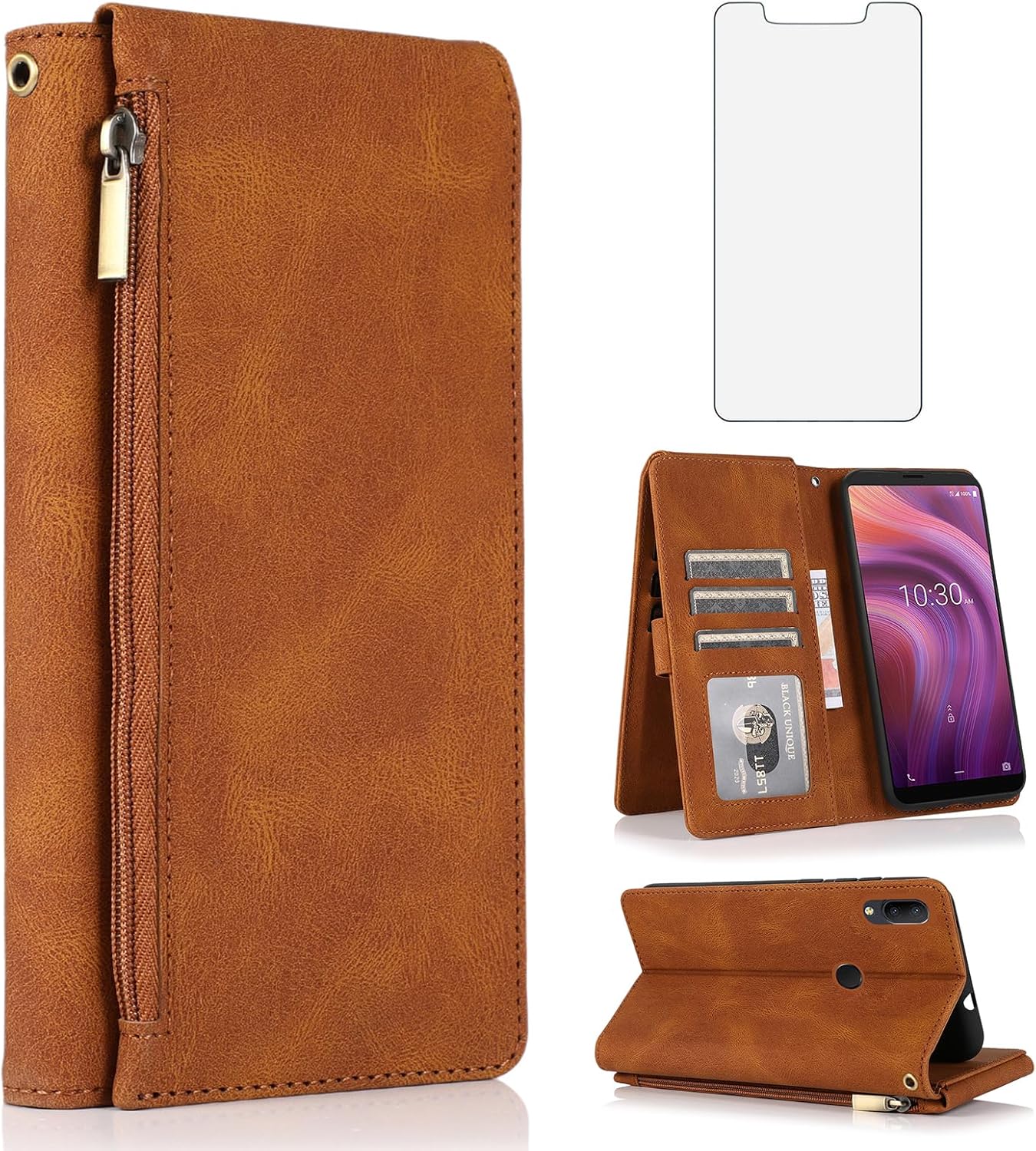 Compatible con Alcatel 3V 2019 – Funda tipo cartera de vidrio templado, protector de pantalla y cremallera de cuero retro, soporte para tarjetas,