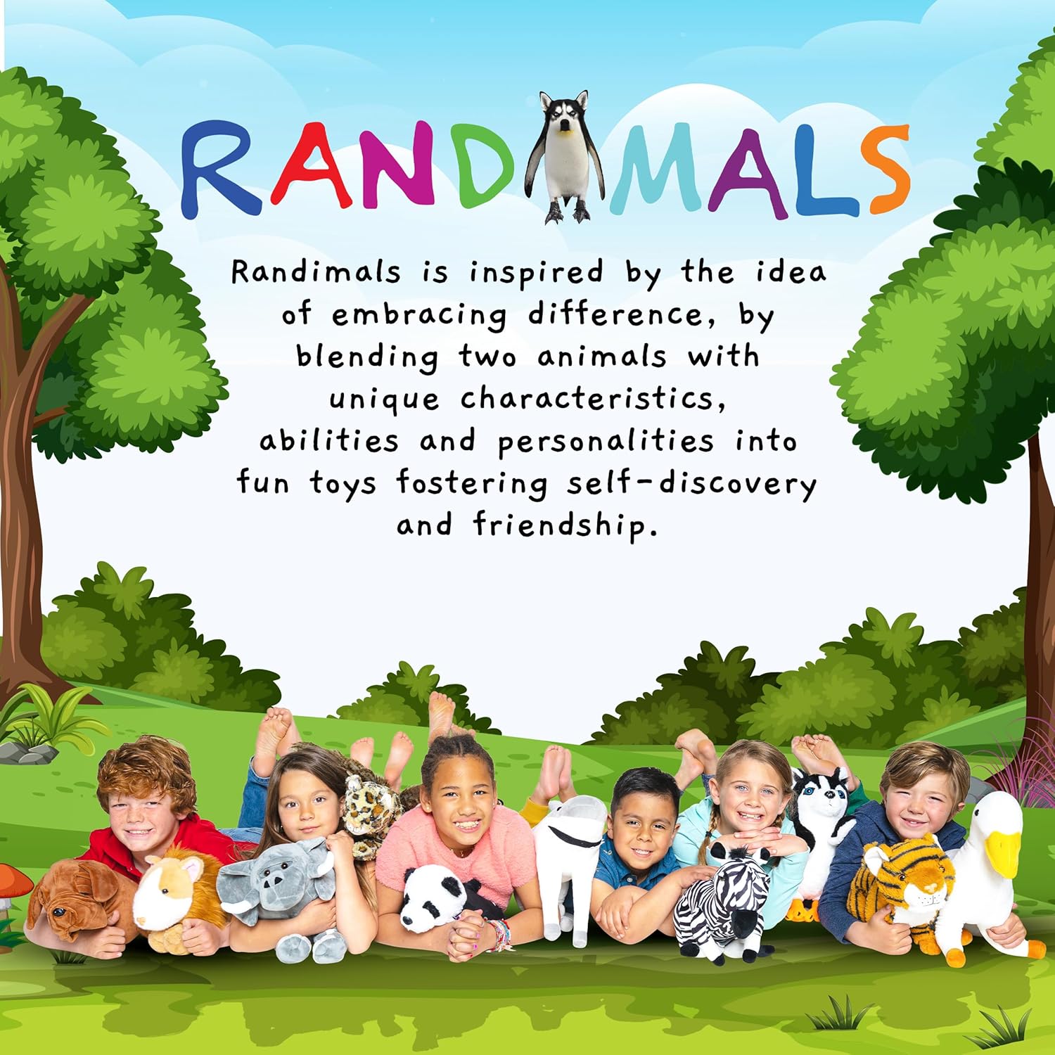 Randimals Mezcla de animales de peluche híbridos de pingüino y perro husky para niñas y niños, personajes de animales abrazables y suaves, juguetes