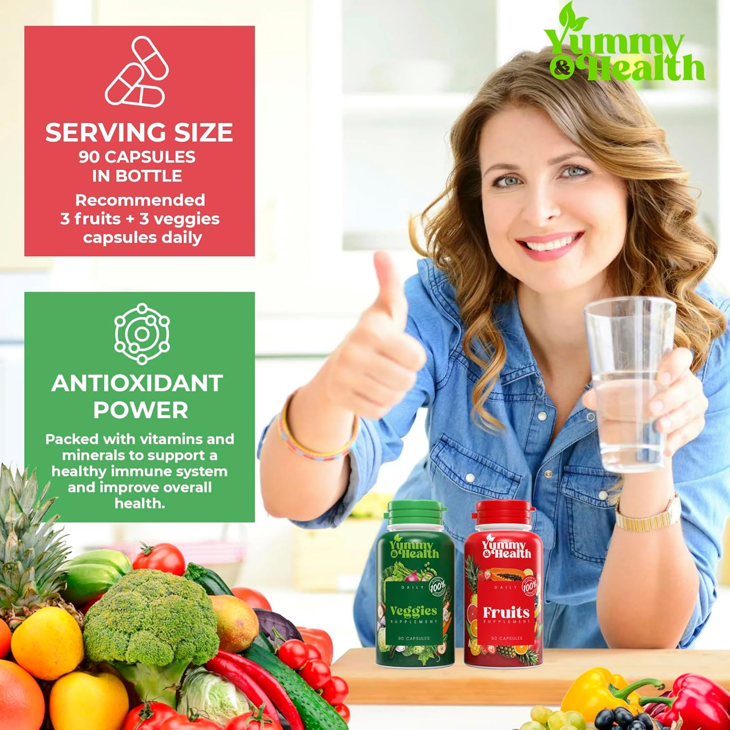 YUMMY & HEALTH Suplemento de frutas y verduras, hecho con superalimentos, 90 cápsulas de frutas y 90 vegetales, fórmula de bienestar para apoyar el