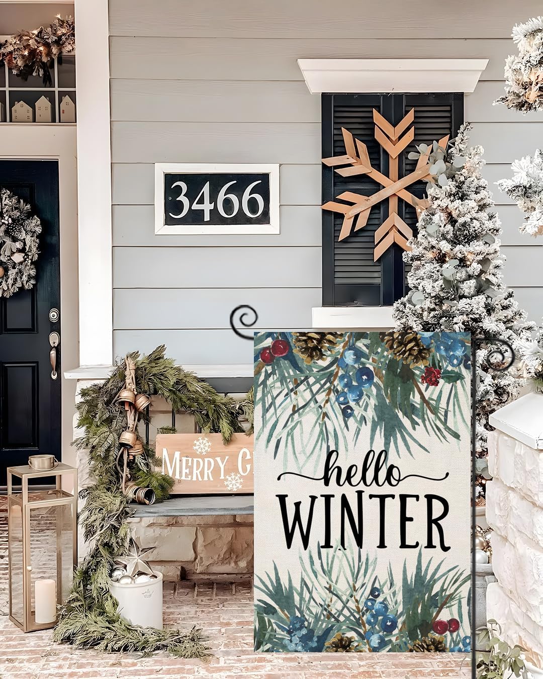EKOREST Banderas verticales de jardín de 12 x 18 pulgadas con texto en inglés Hello Winter de doble cara, ramitas de pino para exteriores,