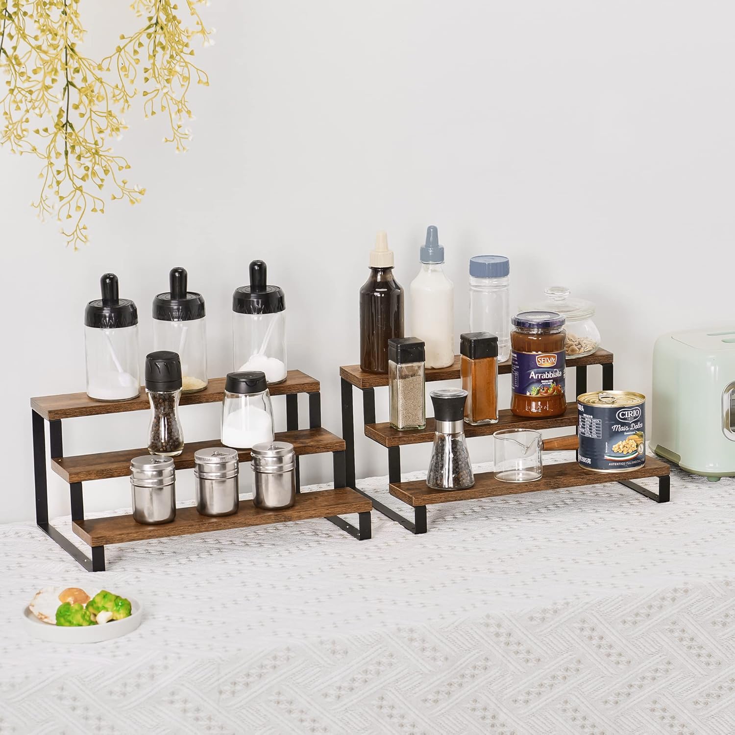Estante de especias de 3 niveles, soporte de madera de 13.7 pulgadas para almacenamiento de especias, despensa, armario organizador para botellas de