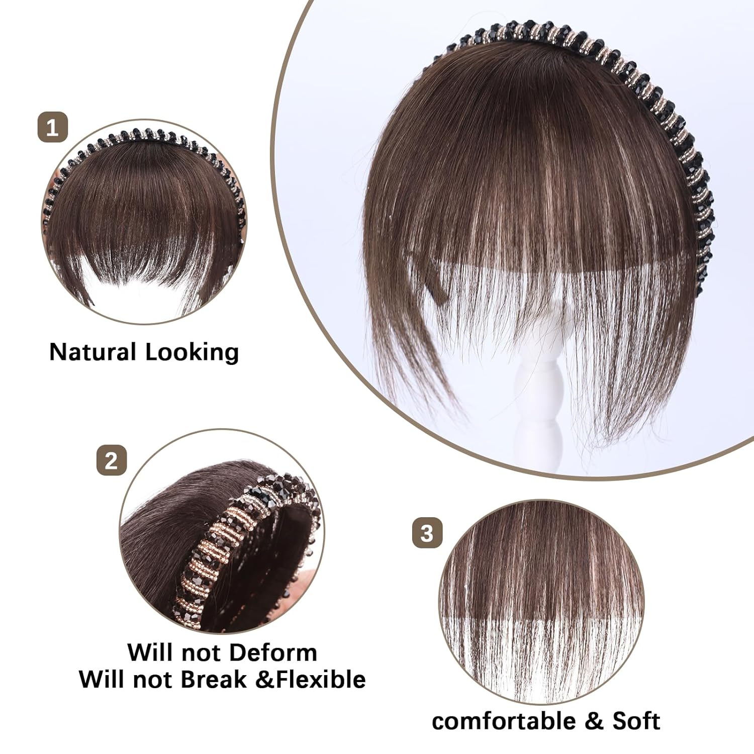 Flequillo de cabello humano con clip, flequillo delgado con banda de diamantes de imitación para reducir la edad, extensiones de cabello para mujer,