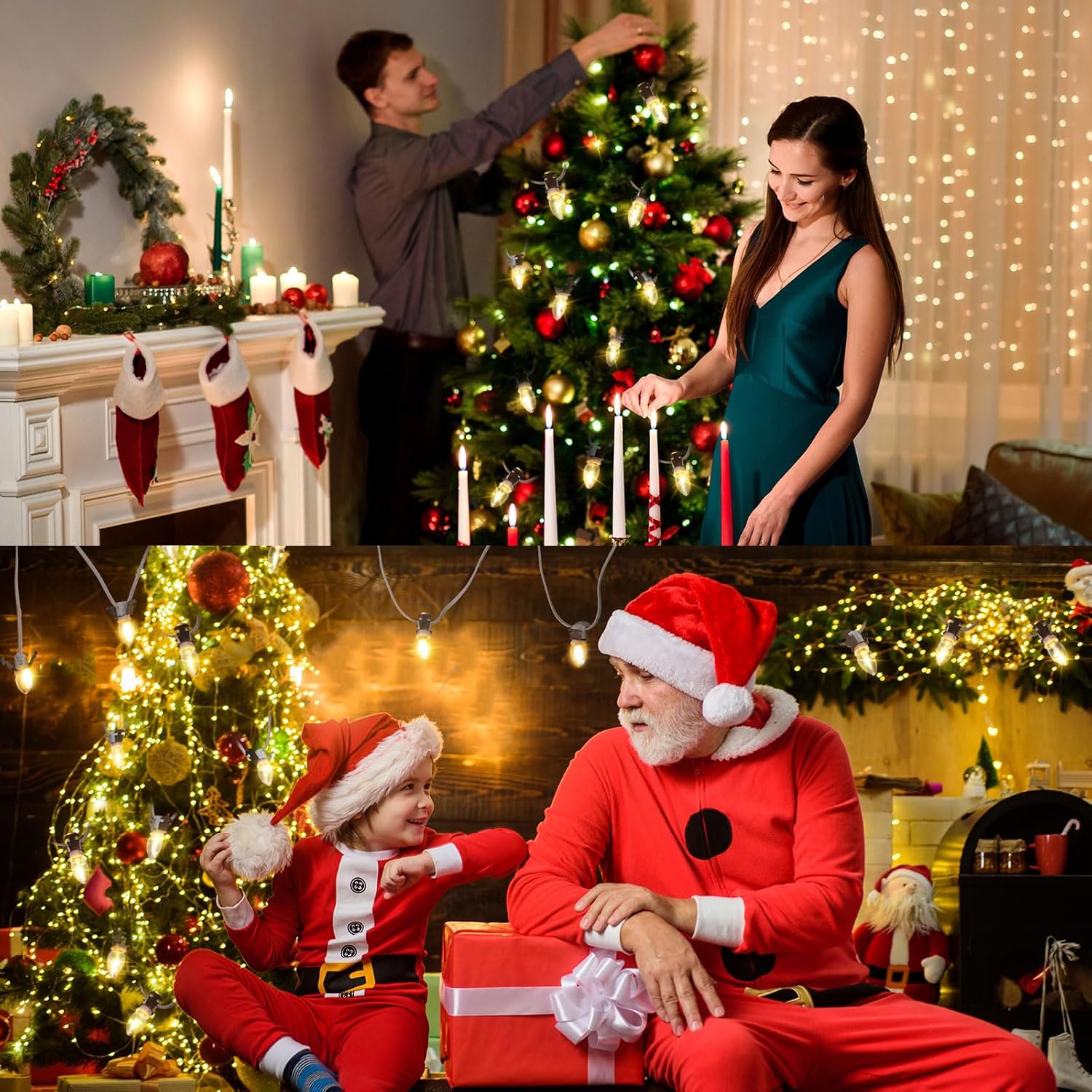 8 piezas de cable de accesorios con 5 bombillas LED de luz nocturna de aldea de Navidad, bombillas C7, enchufe de bombilla de 9 pies para decoración