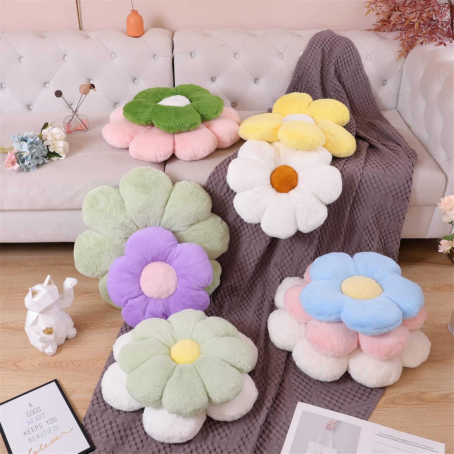 Cojín decorativo de flores, almohada decorativa para silla, almohada de felpa para piso (19.6 pulgadas, marrón y blanco)
