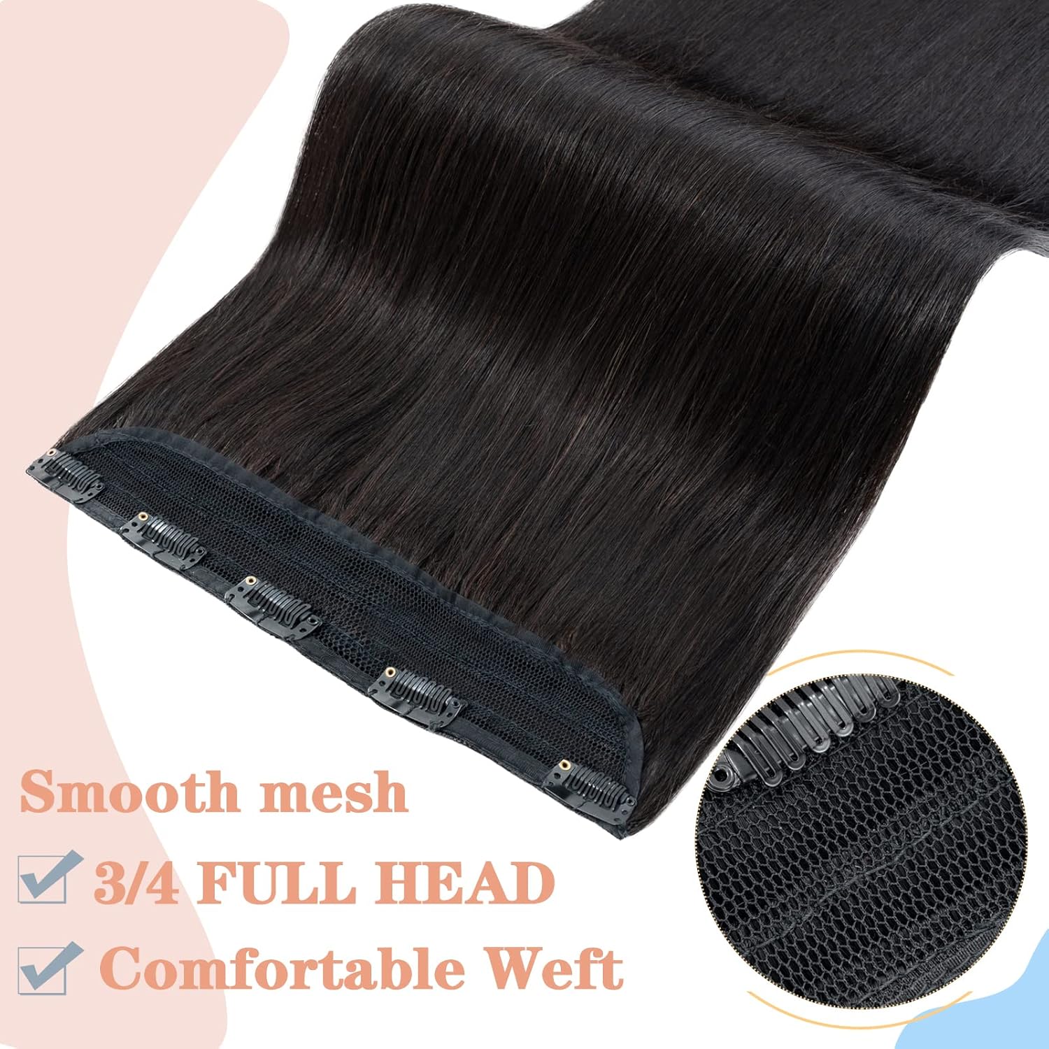 S-noilite Extensiones de cabello humano con broches, de una pieza, 5 clips34, extensiones de cabello humano con clip, de trama estándar 100% Remy,