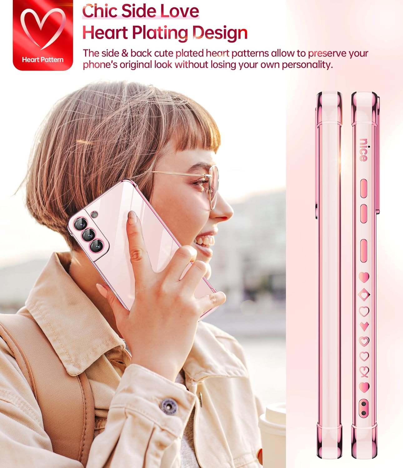 LeYi Funda para Samsung Galaxy S22 protección completa de la lente de la cámara, diseño de corazón chapado en corazón femenino lindo de lujo TPU