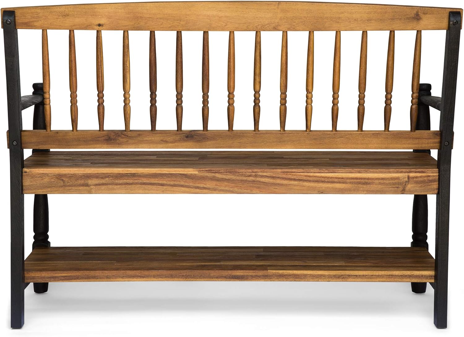 Christopher Knight Home Eddie – Banco de madera de acacia para interiores con estante, acabado de teca y negro