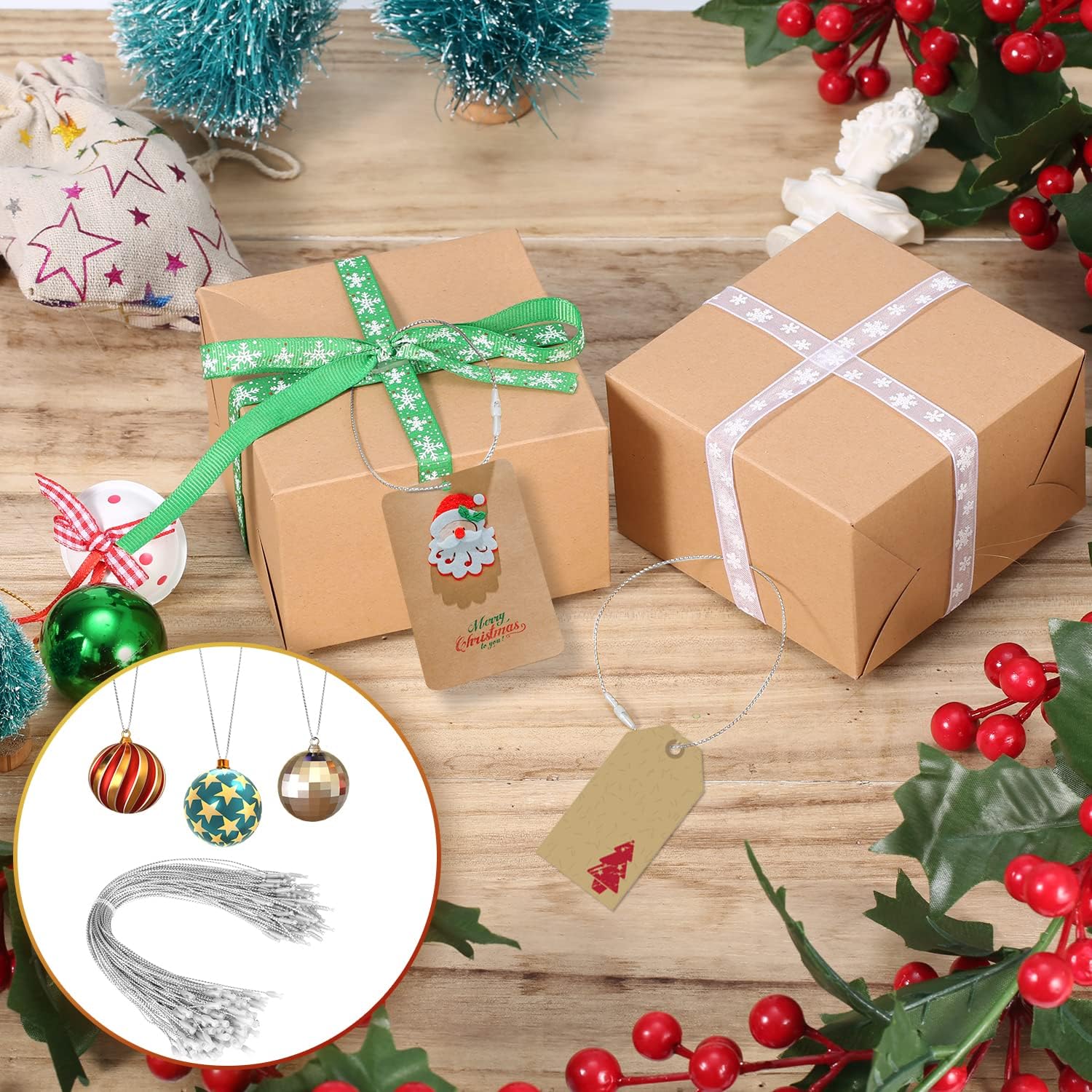 200 cuerdas para colgar adornos navideños, cinta metálica de 8 pulgadas para colgar adornos con cierre a presión, cordón a presión para decoración