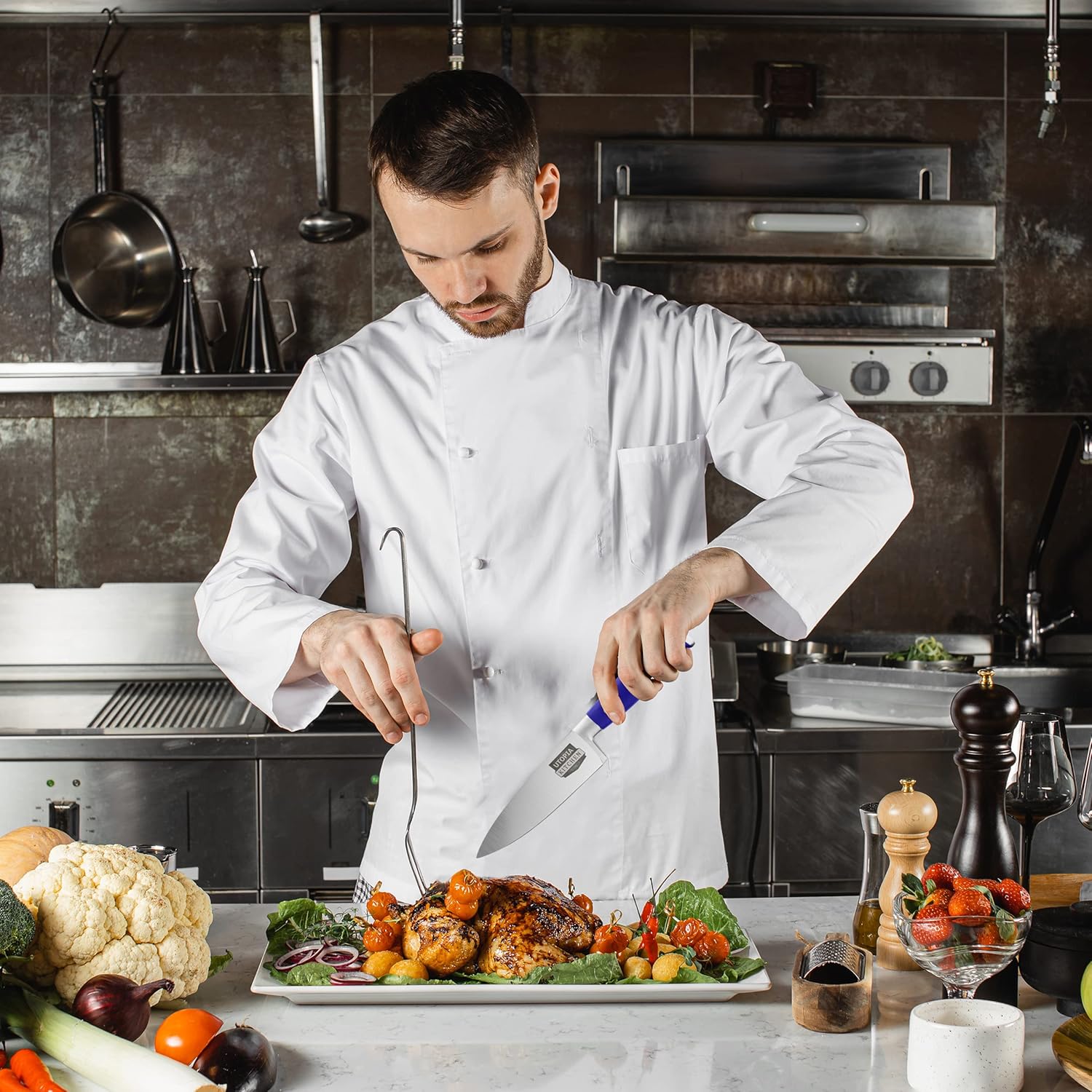 Utopia Kitchen Cuchillo de cocina de chef de 6 pulgadas, cuchillo de cocina de acero inoxidable al carbono con funda y mango ergonómico, cuchillo de