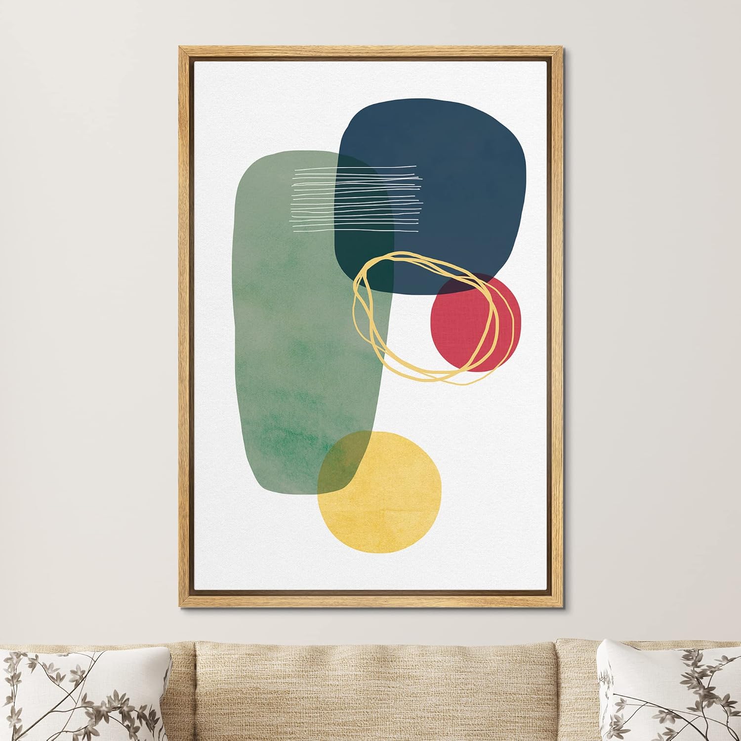 SIGNFORD Lienzo enmarcado para pared, líneas y círculos verdes, azules, rojos, amarillos y dorados, formas geométricas, ilustraciones, minimalismo,