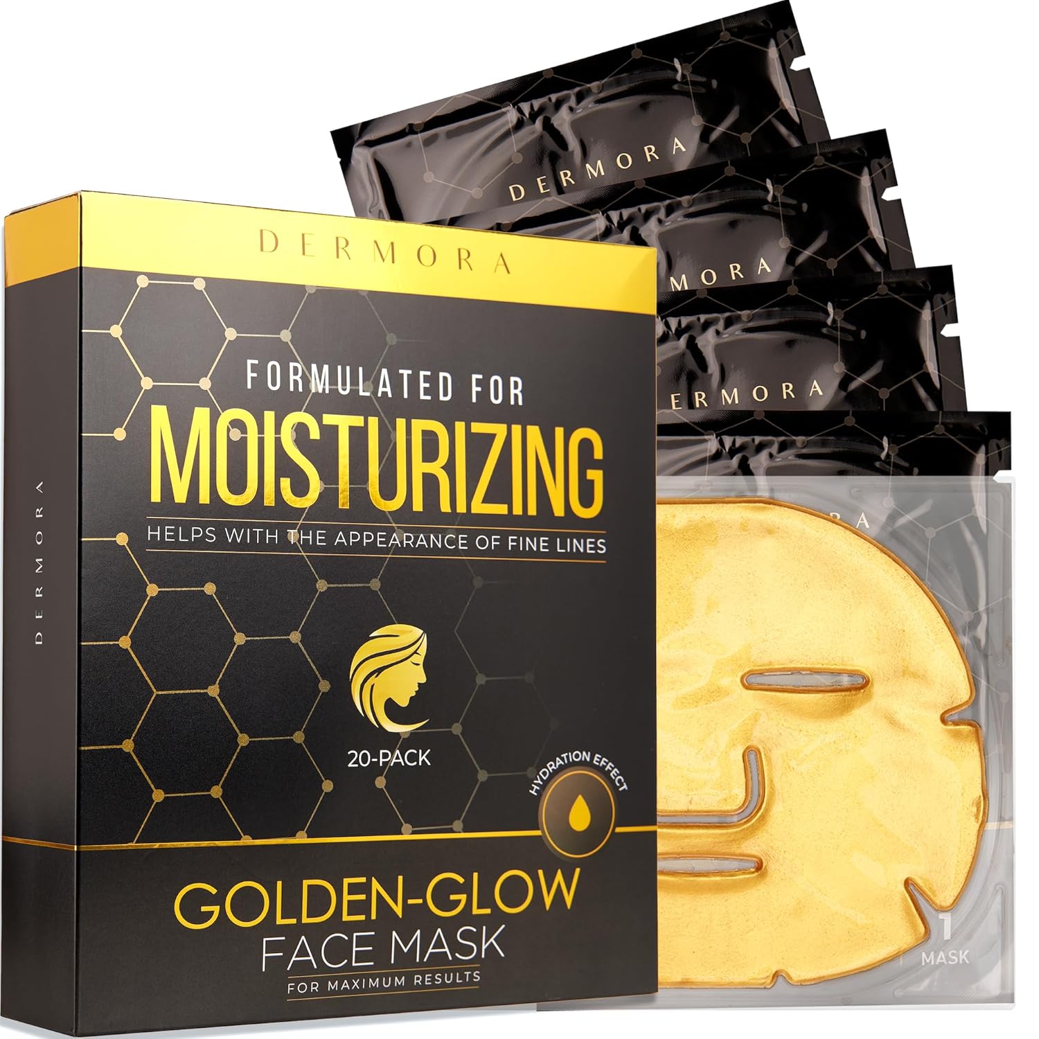 DERMORA Máscara de tratamiento de la piel, máscara facial de brillo dorado, paquete de 20 máscaras faciales de gel, máscaras faciales