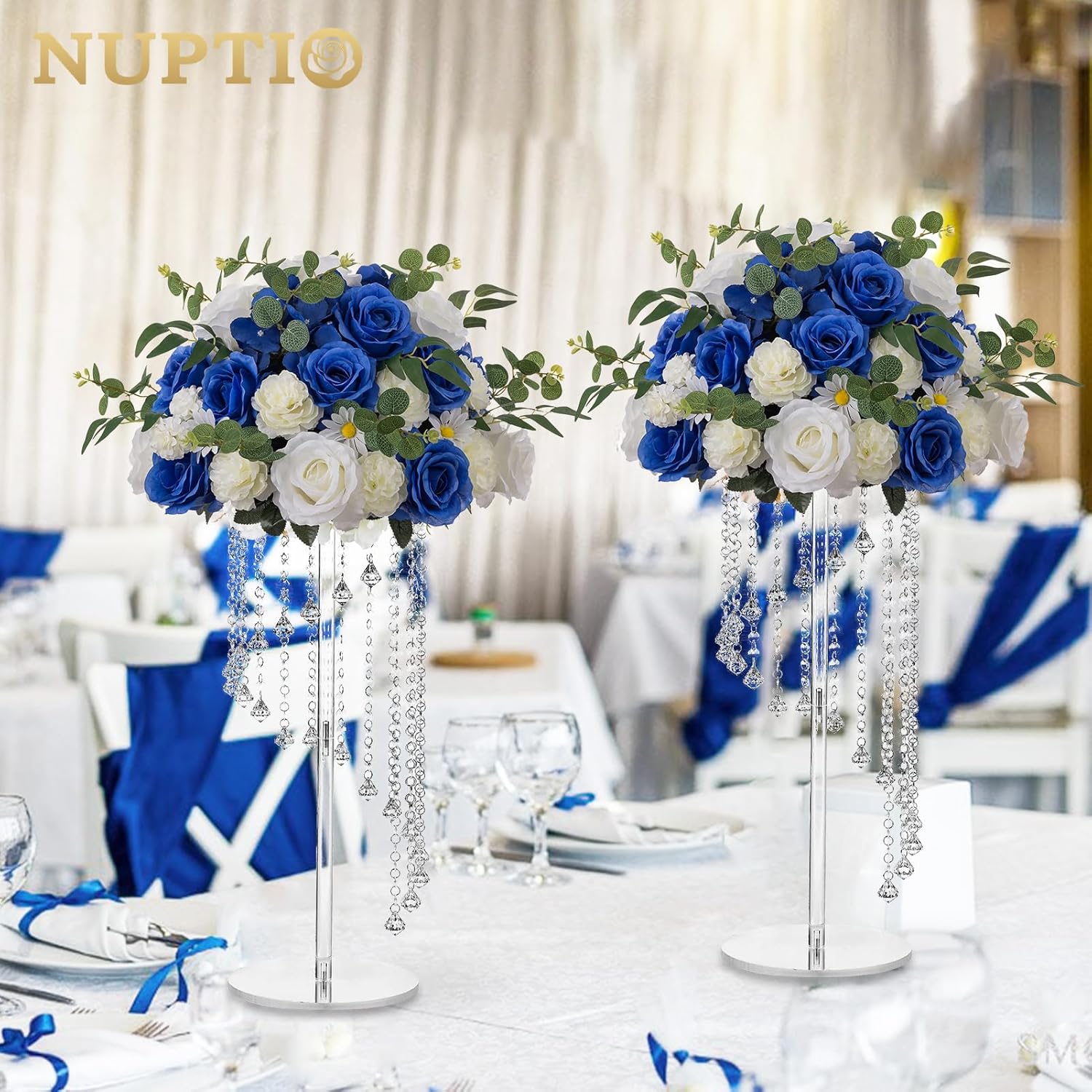 NUPTIO Ramo de arreglo de bolas de flores, 10 unidades de 17.7 pulgadas de diámetro, flores falsas azul real y blanco, bolas de rosas para centros