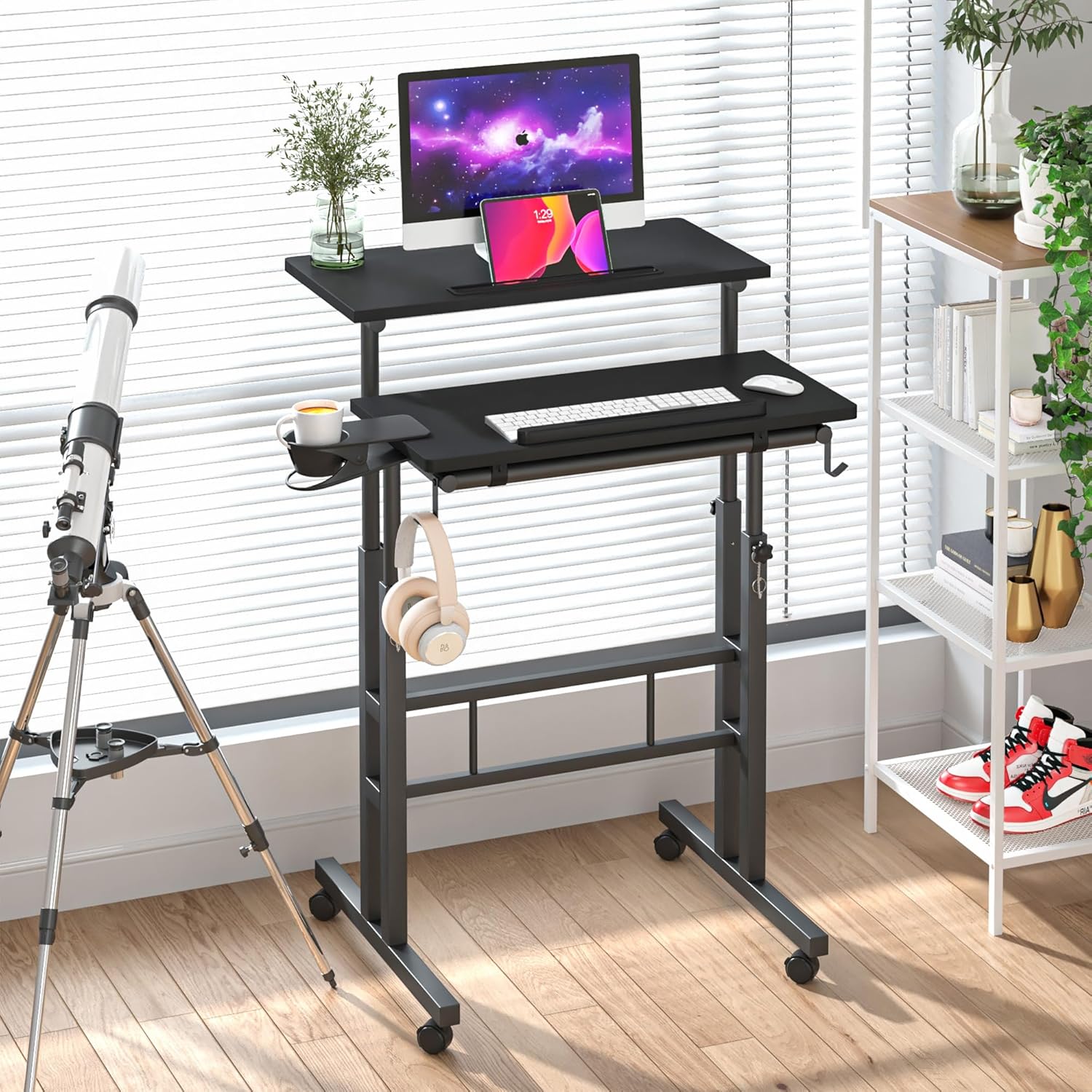 Panta Escritorio móvil de pie, escritorio de pie con soporte para tazas, escritorio de computadora de altura ajustable, escritorio portátil con