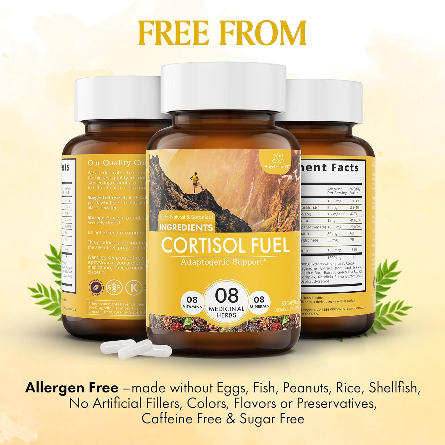 Angel Pure Cortisol Fuel Suplemento para aliviar el estrés sin alérgenos Ashwagandha Rhodiola de magnesio para apoyar el eje HPA, alivio de fatiga