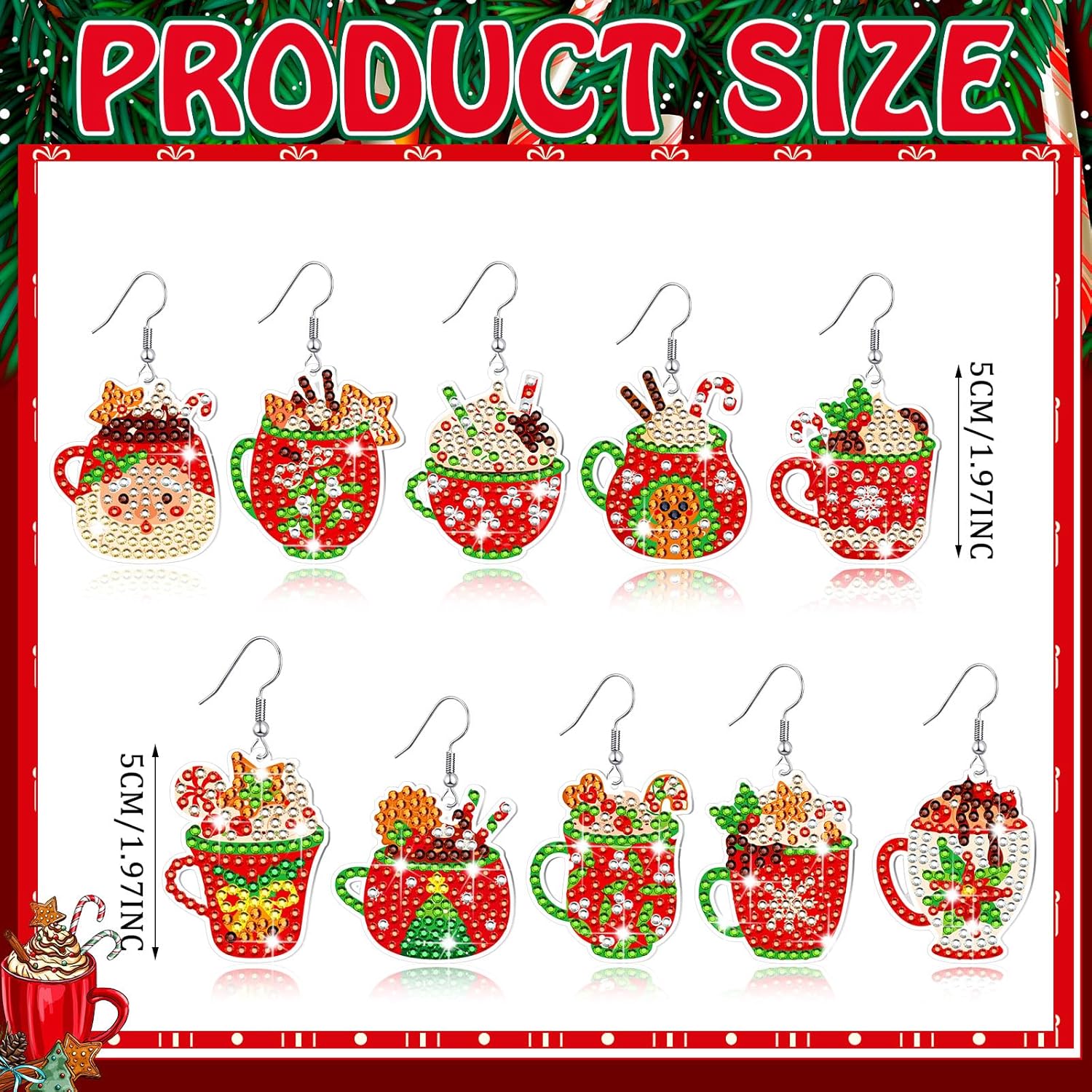 10 pares de aretes de pintura de diamante en forma de cacao caliente de Navidad, kit de aretes de arte de diamante de Navidad, pintura de diamante,