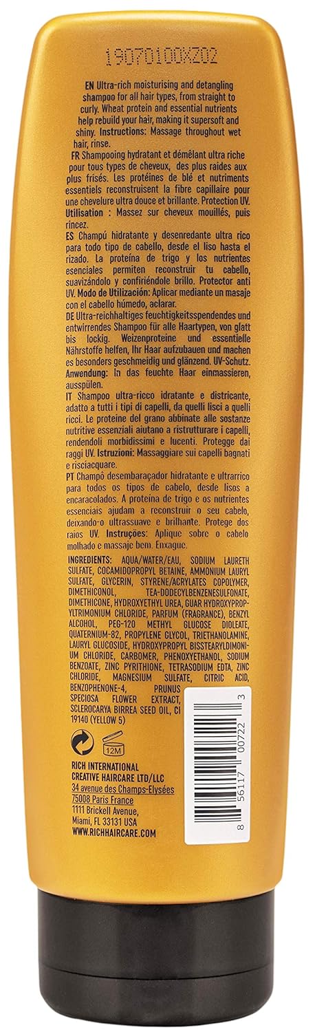 RICH Pure Luxury – Champú de humedad intensa con queratina hidrolizada y proteína de trigo para todo tipo de cabello, suavizante e hidratante, evita