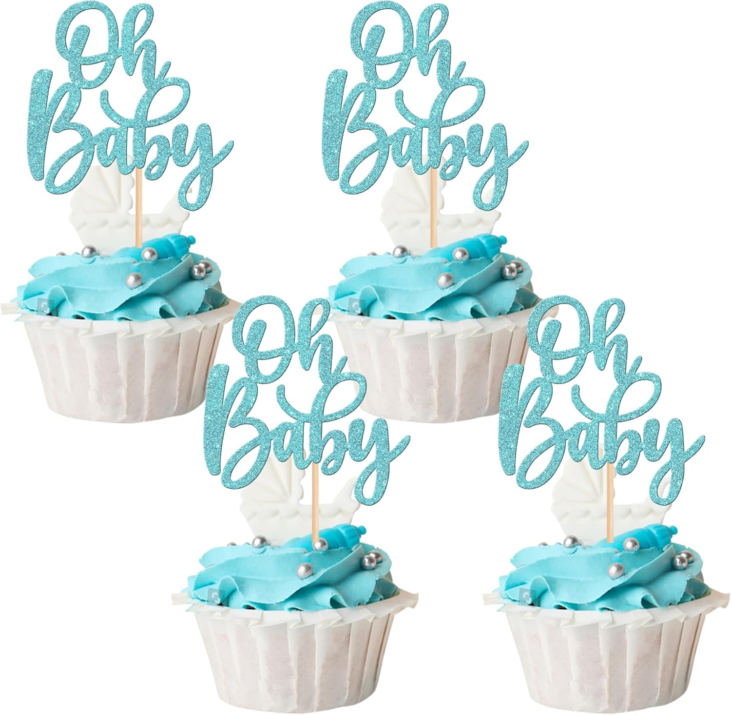 24 piezas Oh Baby Cupcake Toppers con purpurina para baby shower, para baby shower, niños y niñas, fiesta de cumpleaños, suministros de decoración
