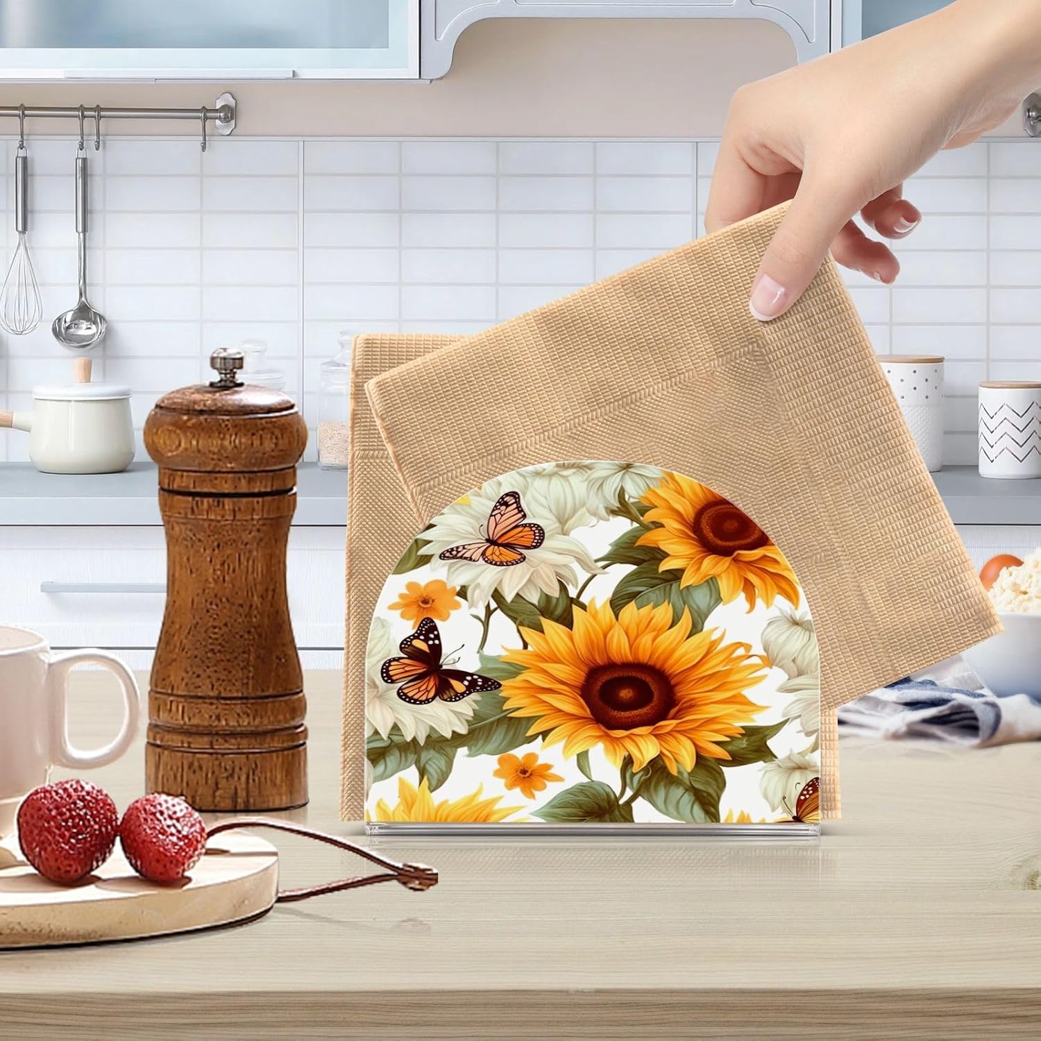 Sunflower and Butterfly Acrylic Napkin Holder Clear Crystal Tissue Paper Dispenser for Table, Kitchen Countertop, Restaurant, Decor