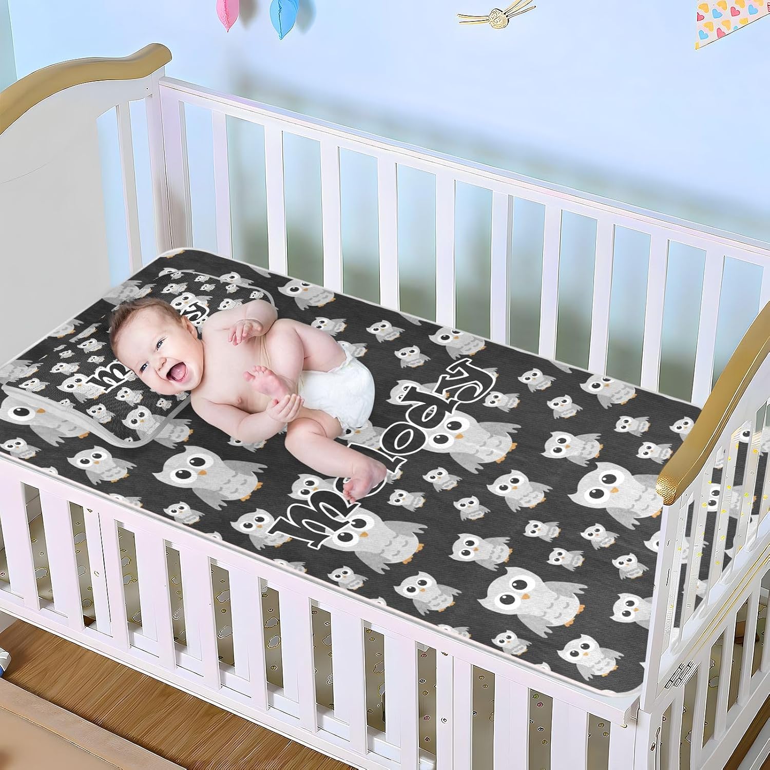 Custom Gray Owls Black Crib Mattress Protector Pad for Boys Girls Baby Ice Silk Mat Bed Pack and Play Sheets Cooling Mattress Topper for Toddler