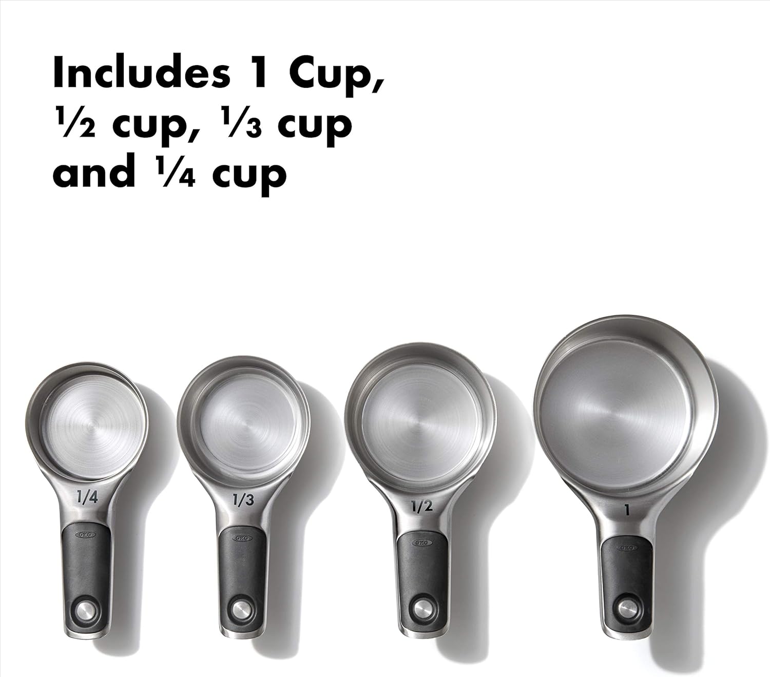 OXO Good Grips – Juego de cuencos de acero inoxidable de 3 piezas, color azulgris, 4.7L y Good Grips 4 tazas medidoras de acero inoxidable con