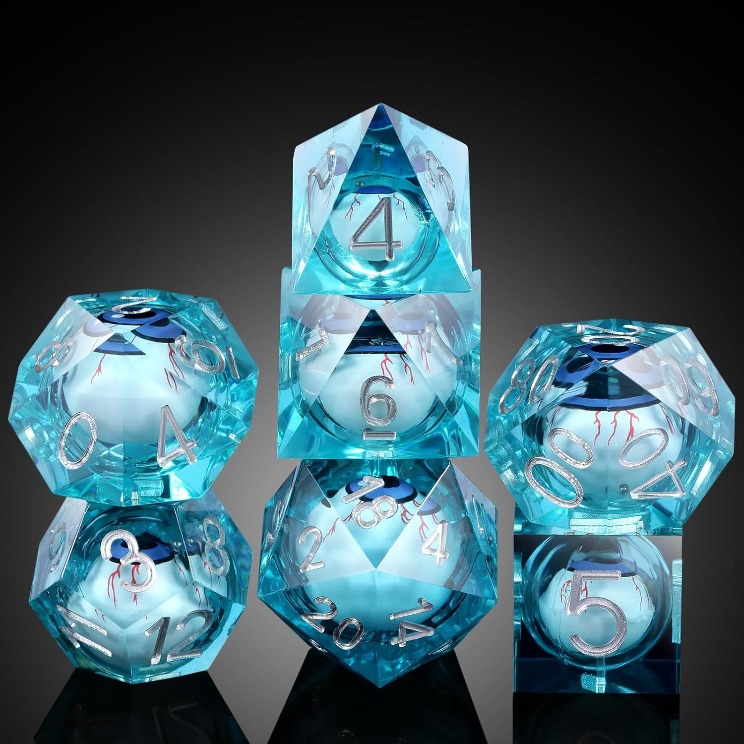 DNDND Dados DND de resina líquida de borde afilado con estuche de regalo para juego de mazmorras y dragones (azul con globo ocular)