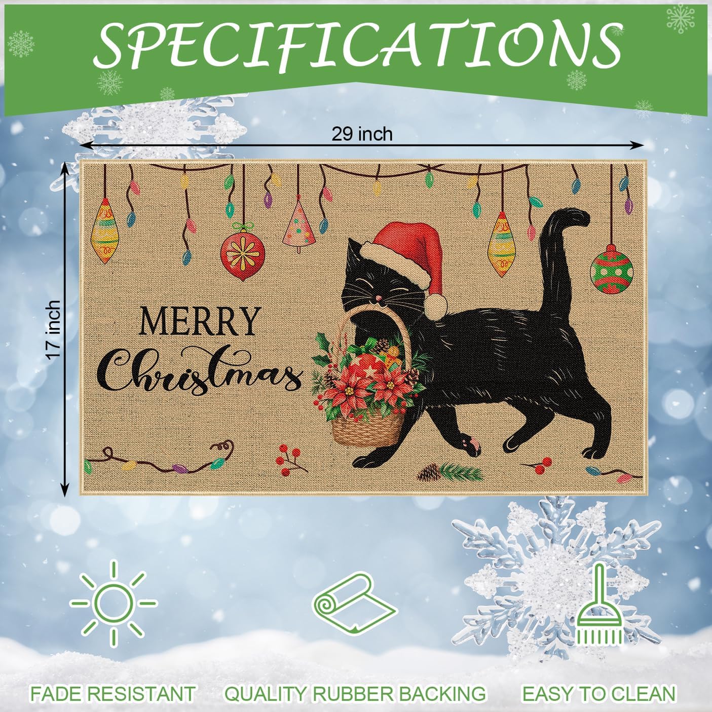 Louise Maelys Tapete de puerta de gato negro de Navidad, antideslizante, con patrón floral para patio, cocina, interior y exterior, entrada, 17 x 29