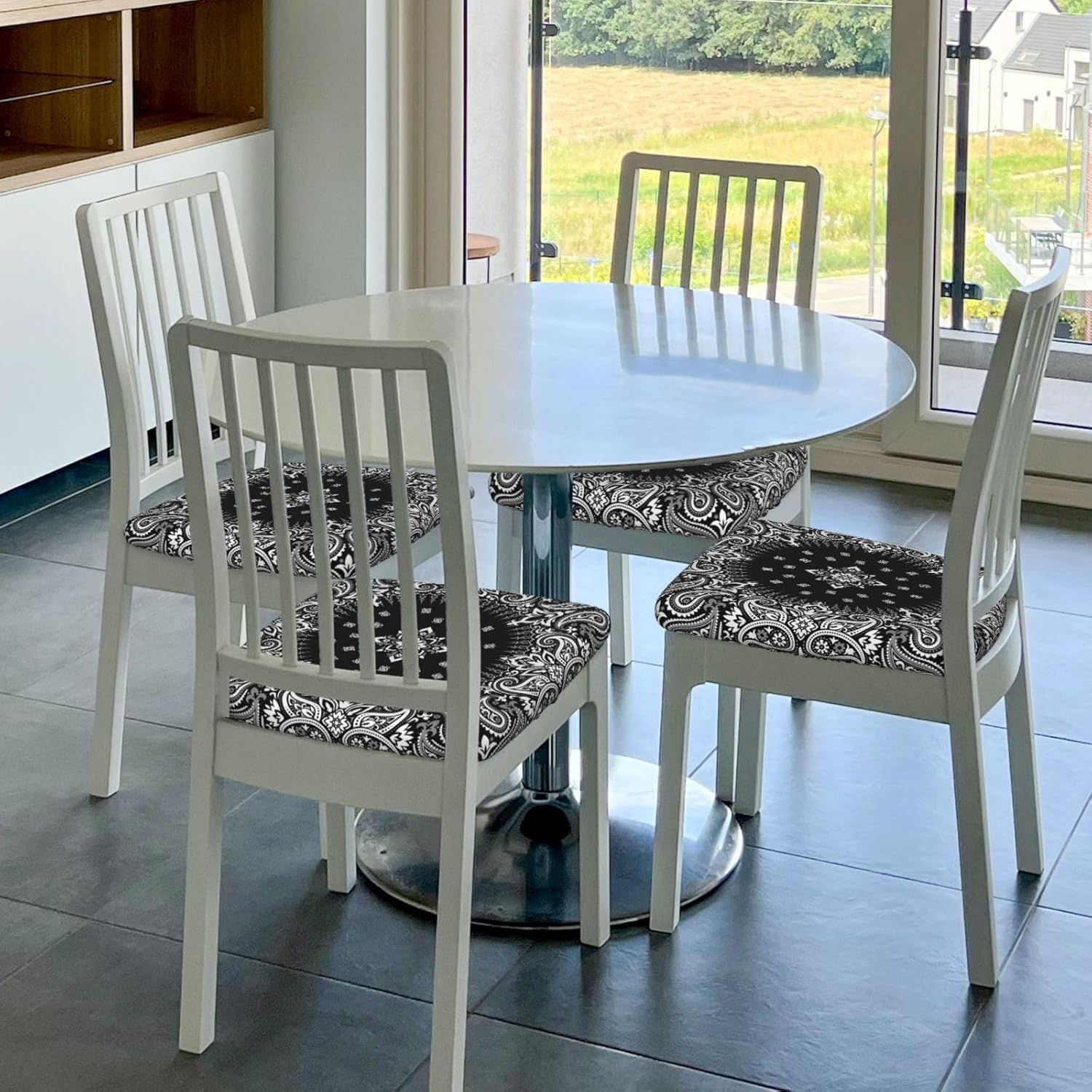 Juego de 4 fundas de asiento para sillas de comedor, diseño abstracto de cachemira de seda con patrón de bufanda, fundas de cojín elásticas para