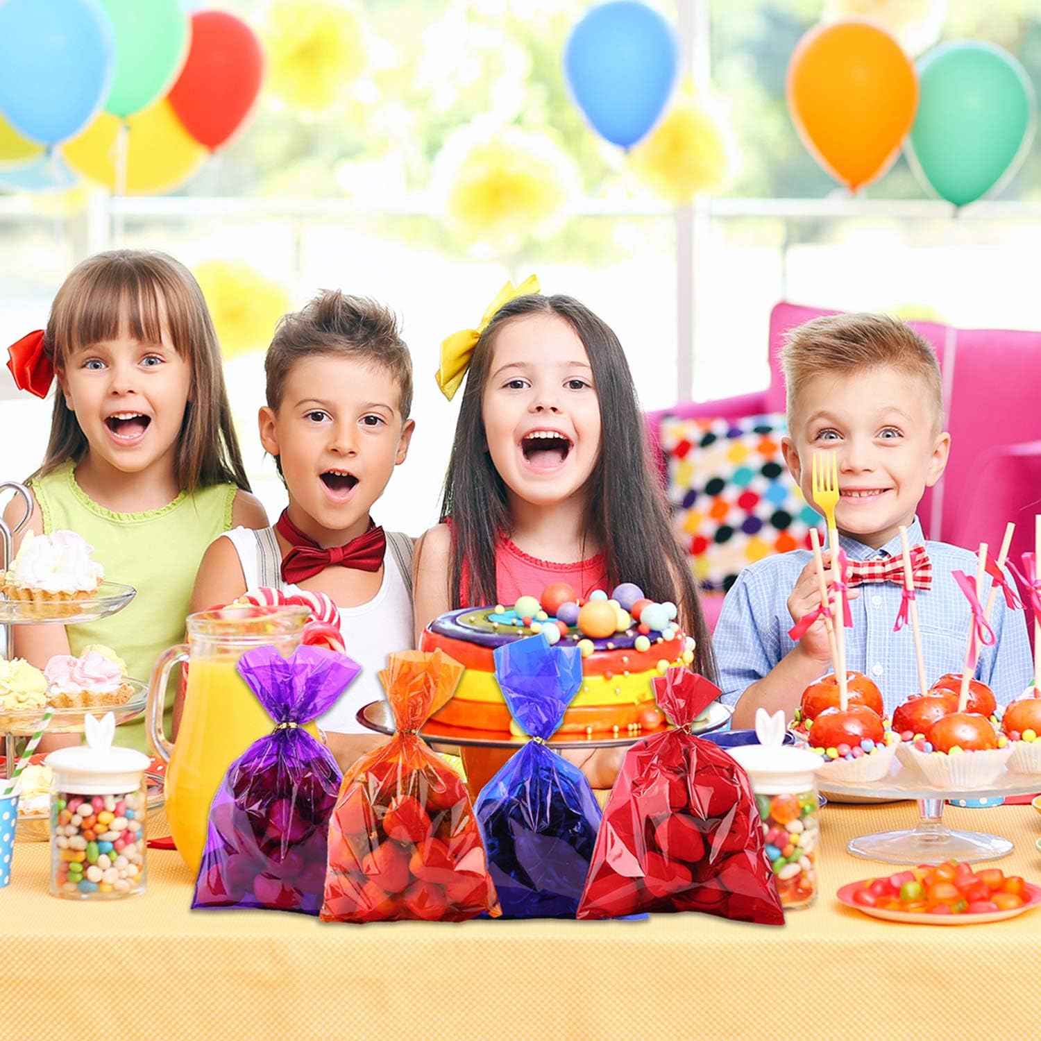 Morepack Bolsas de celofán de colores para el Día de la Madre, 6 x 9 pulgadas, 100 bolsas de celofán coloridas con 100 lazos giratorios, bolsas de